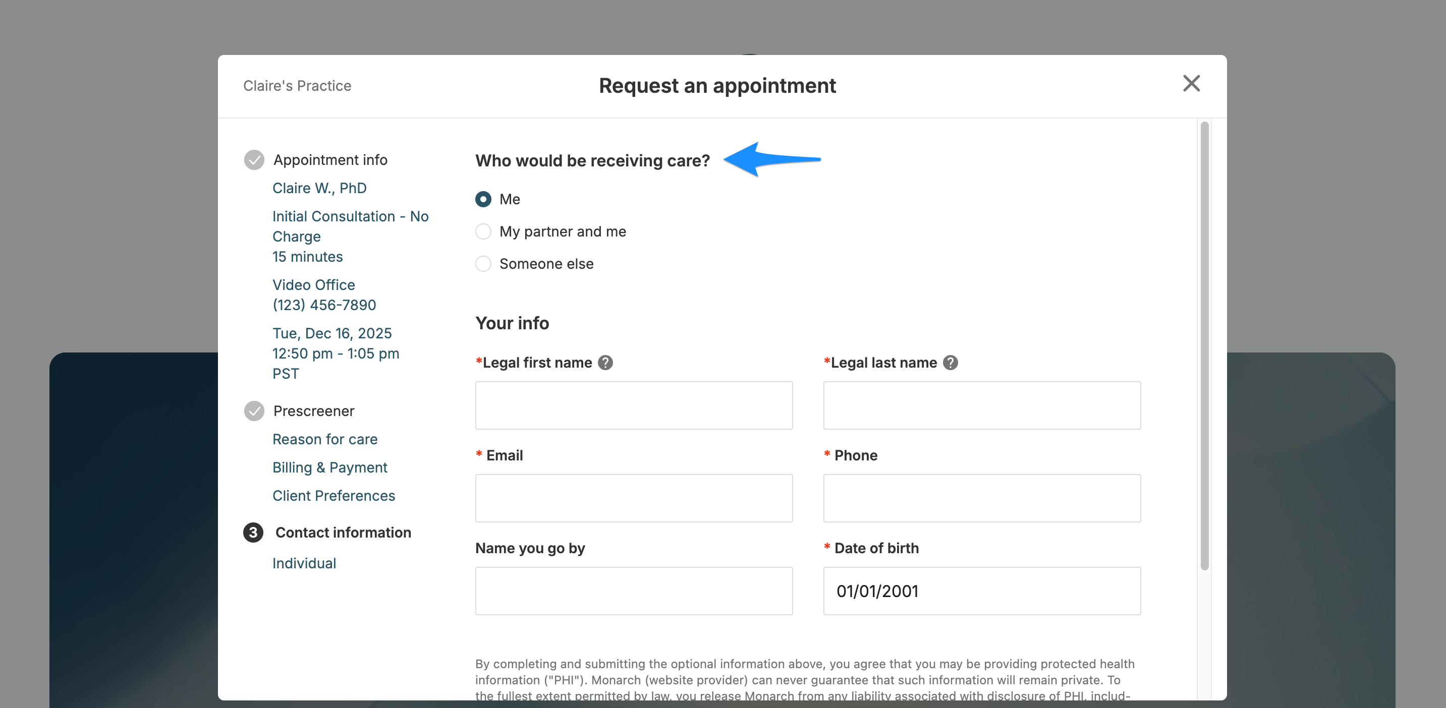 Care recipient selection screen with options for self, partner, or someone else