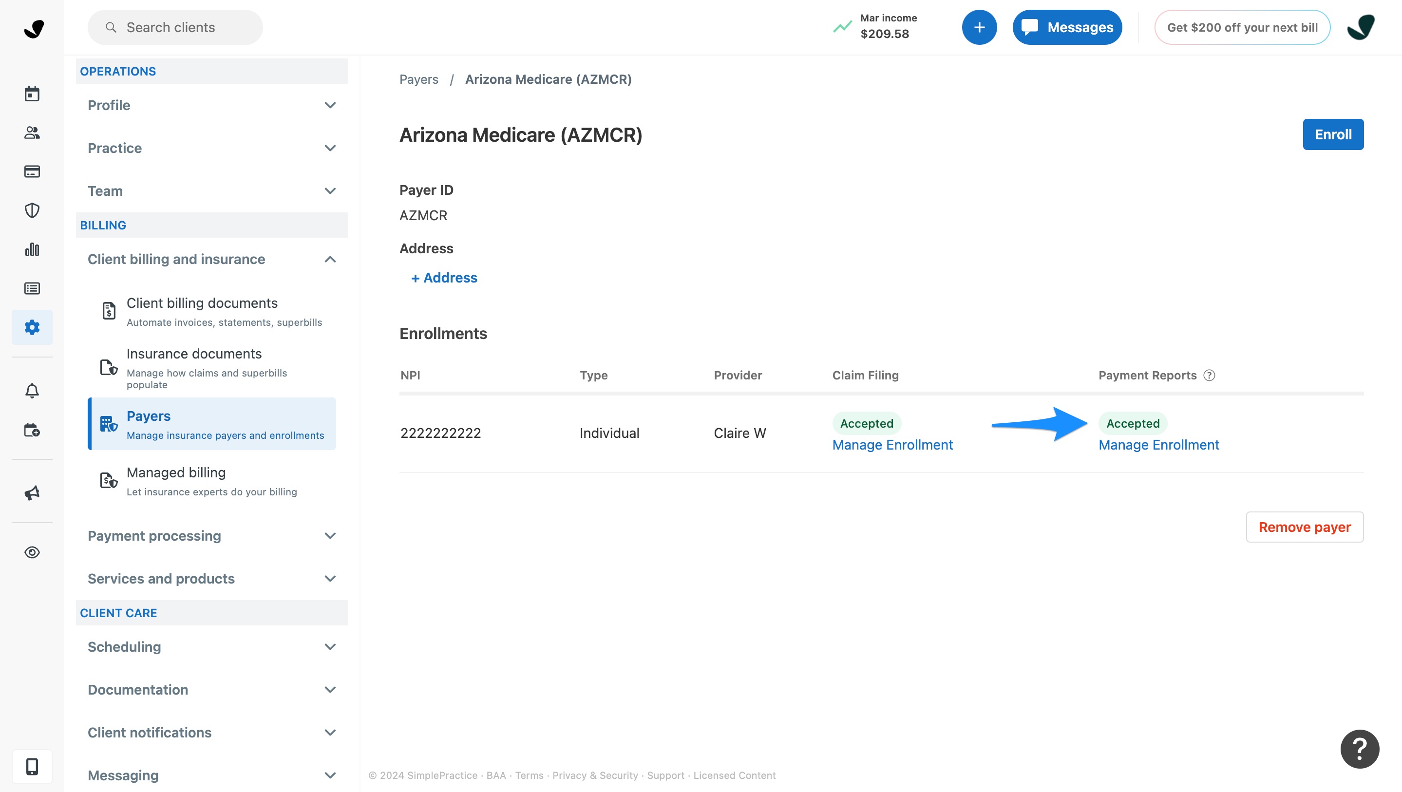 Payment Reports enrollment status showing Accepted