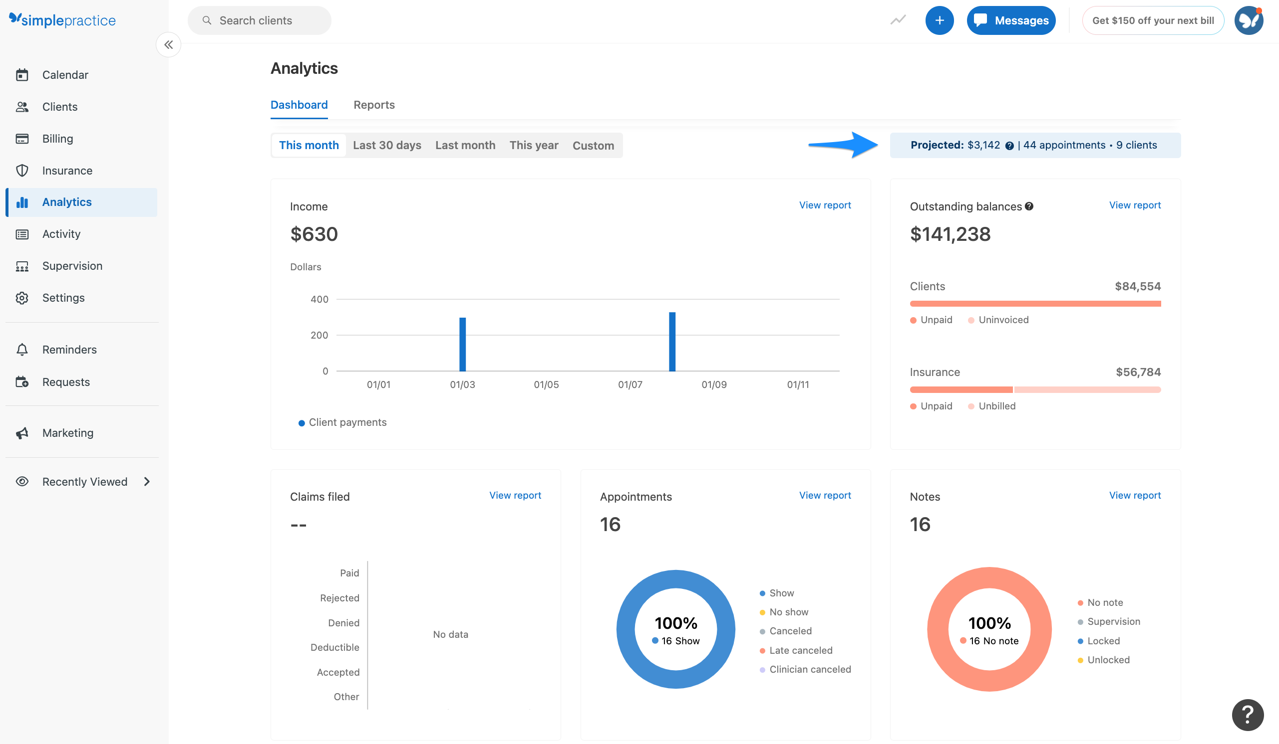 Projected income section of the Dashboard.