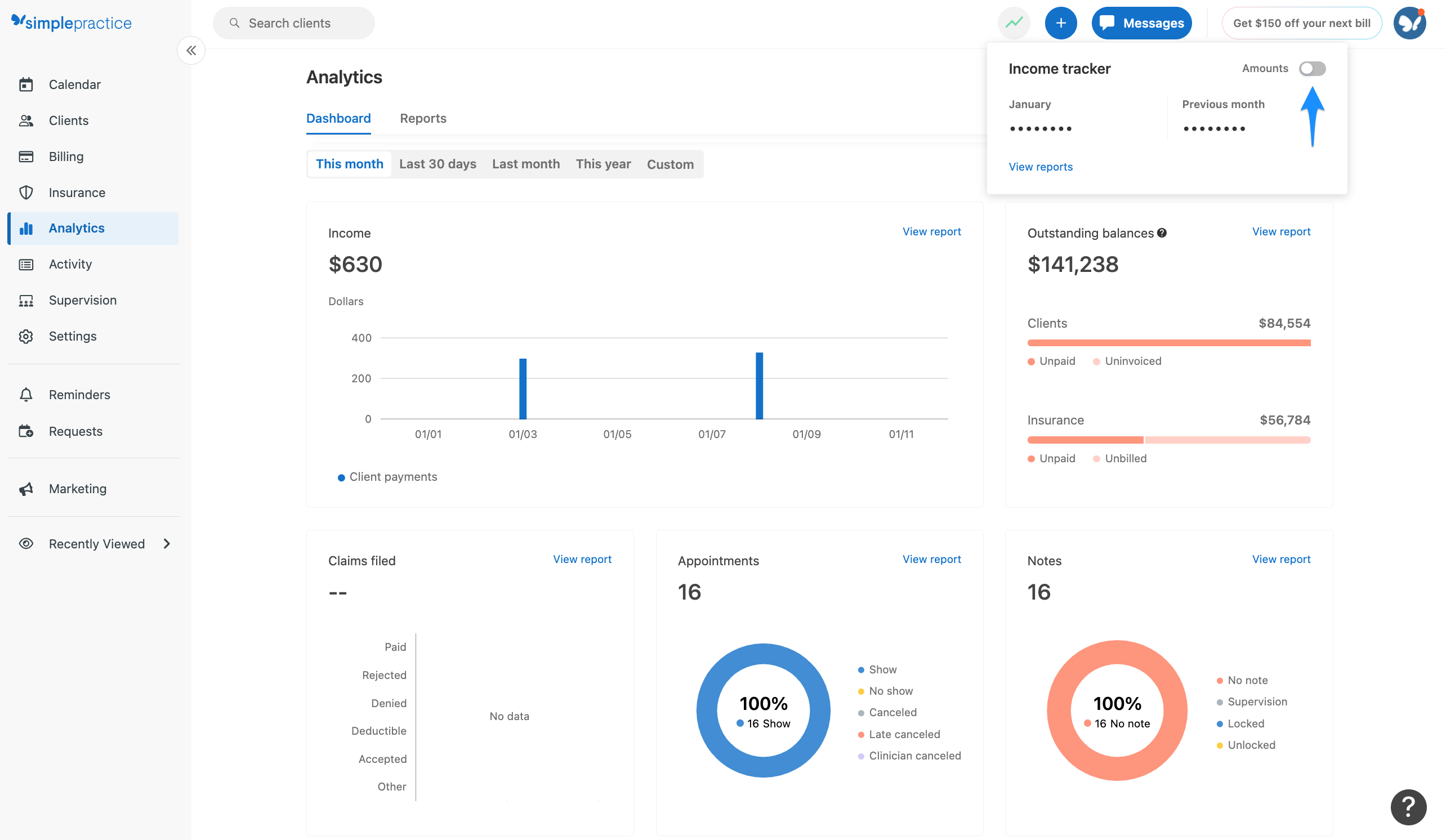 Income tracker flyout menu showing the toggle to hide amounts.