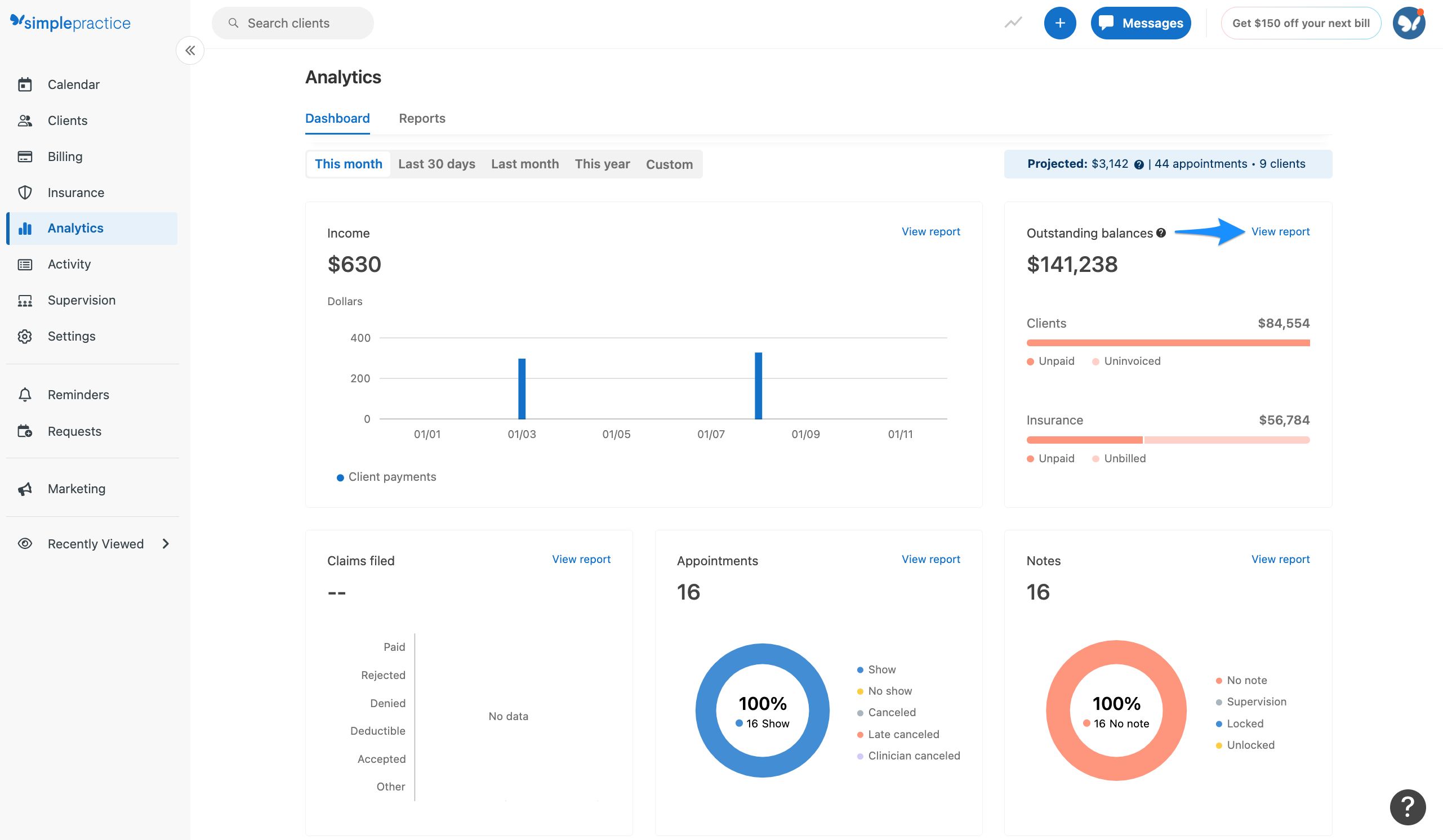 View report button on the Outstanding Balances snapshot.