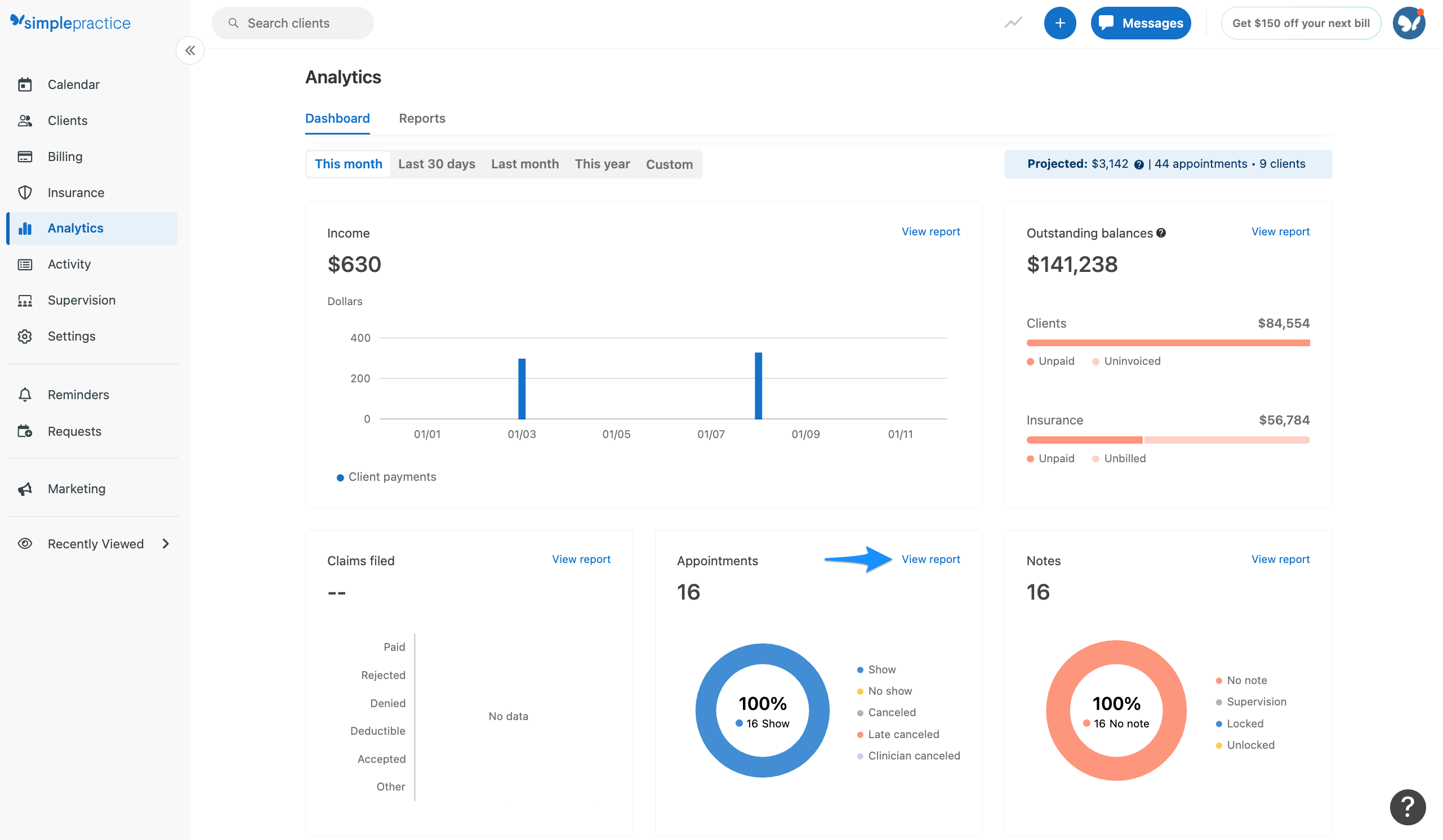 View report button on the Appointments snapshot.