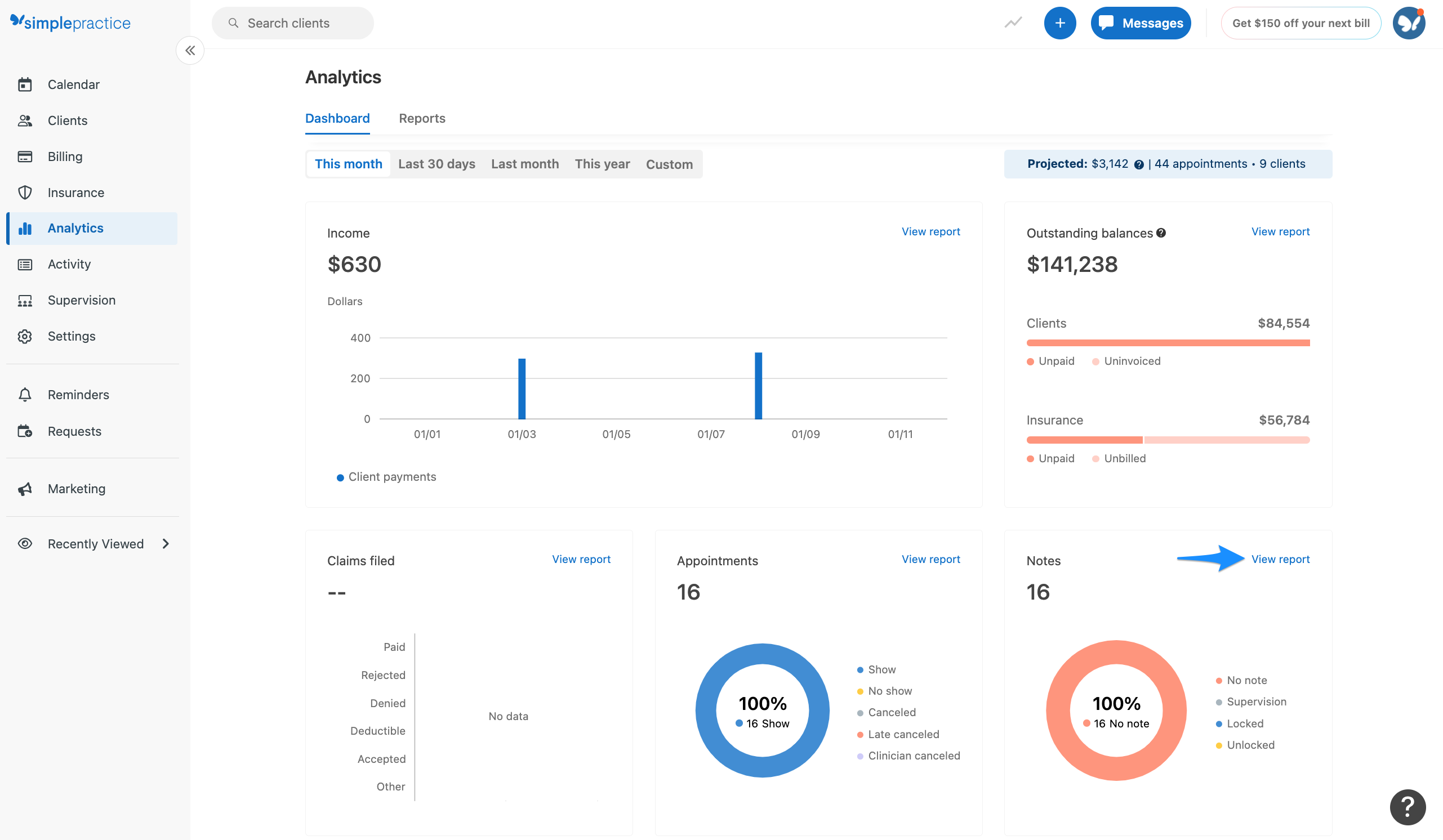 View report button on the Notes snapshot.