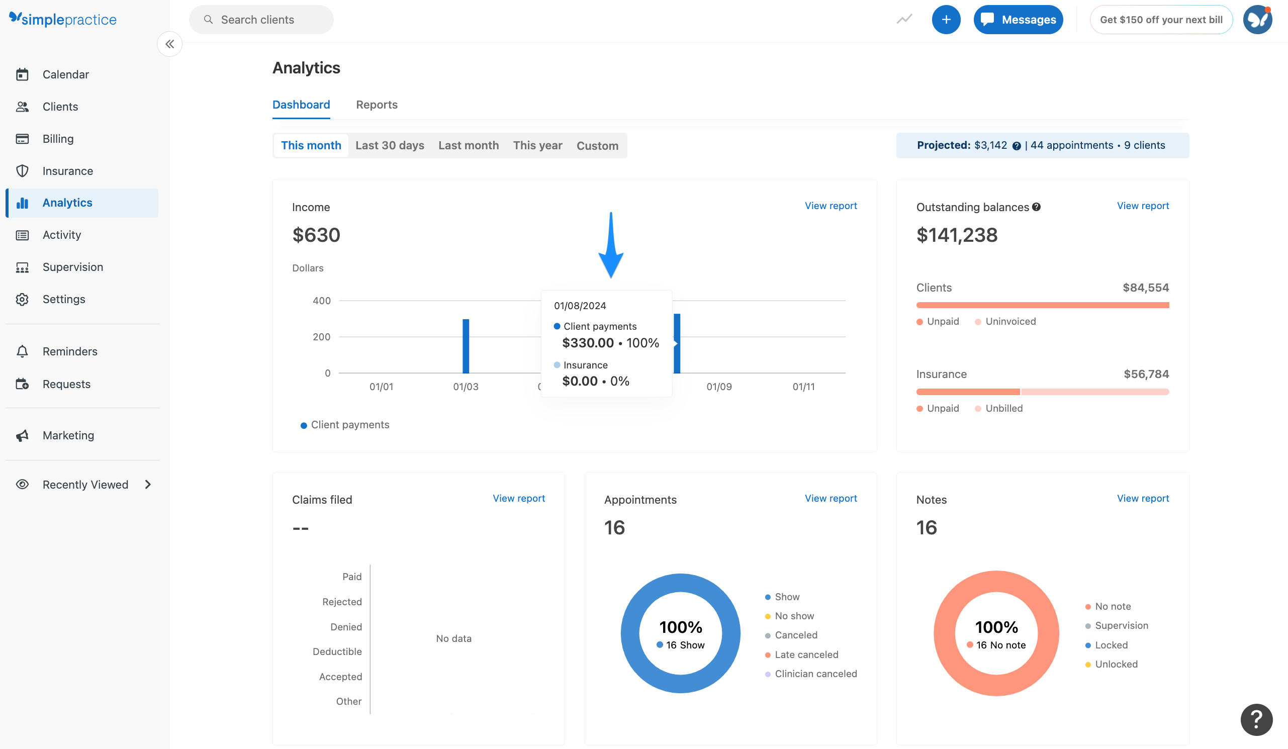 Income snapshot showing total income, with breakdowns for client and insurance payments when hovering.