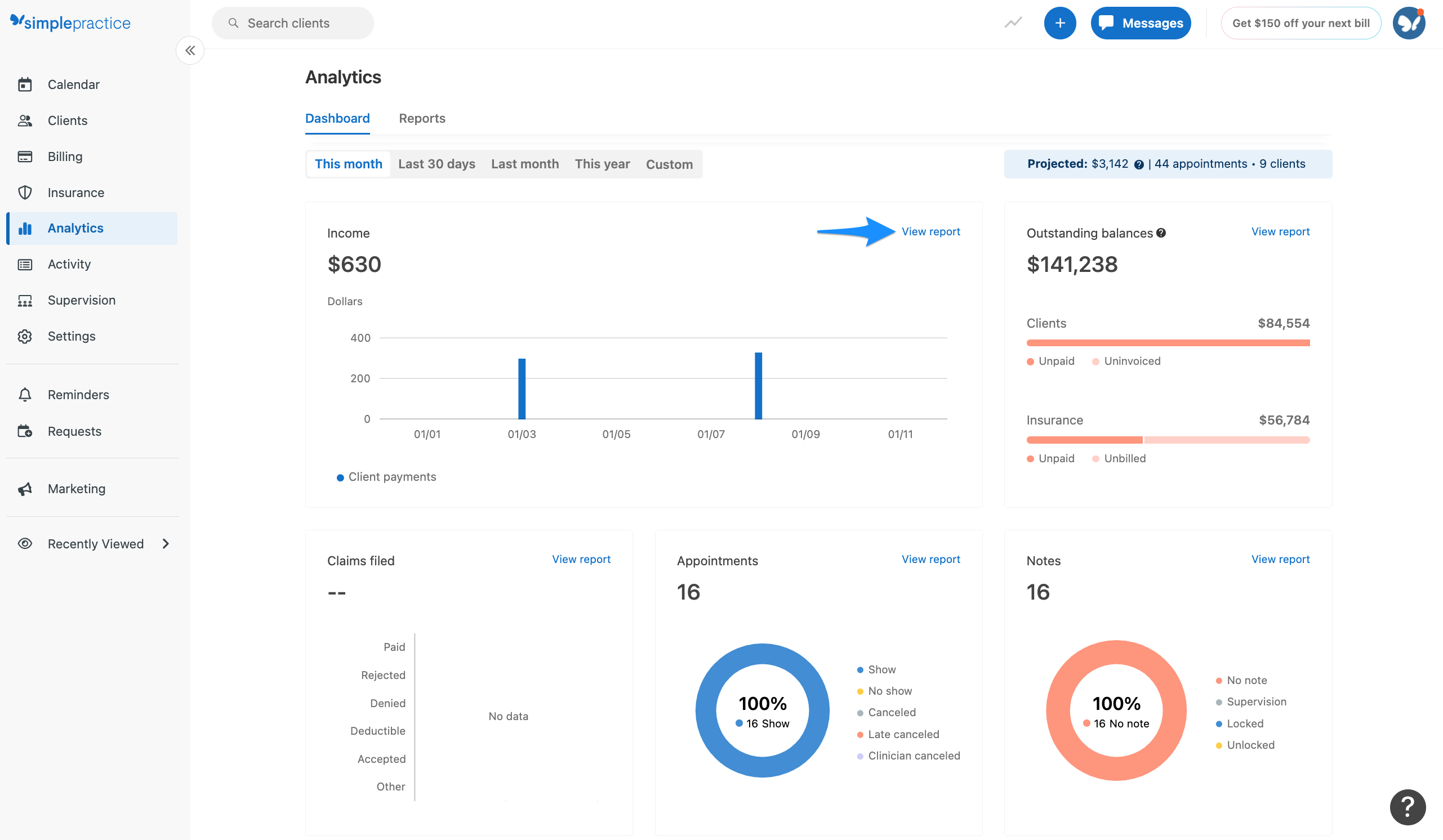 View report button on the Income snapshot.