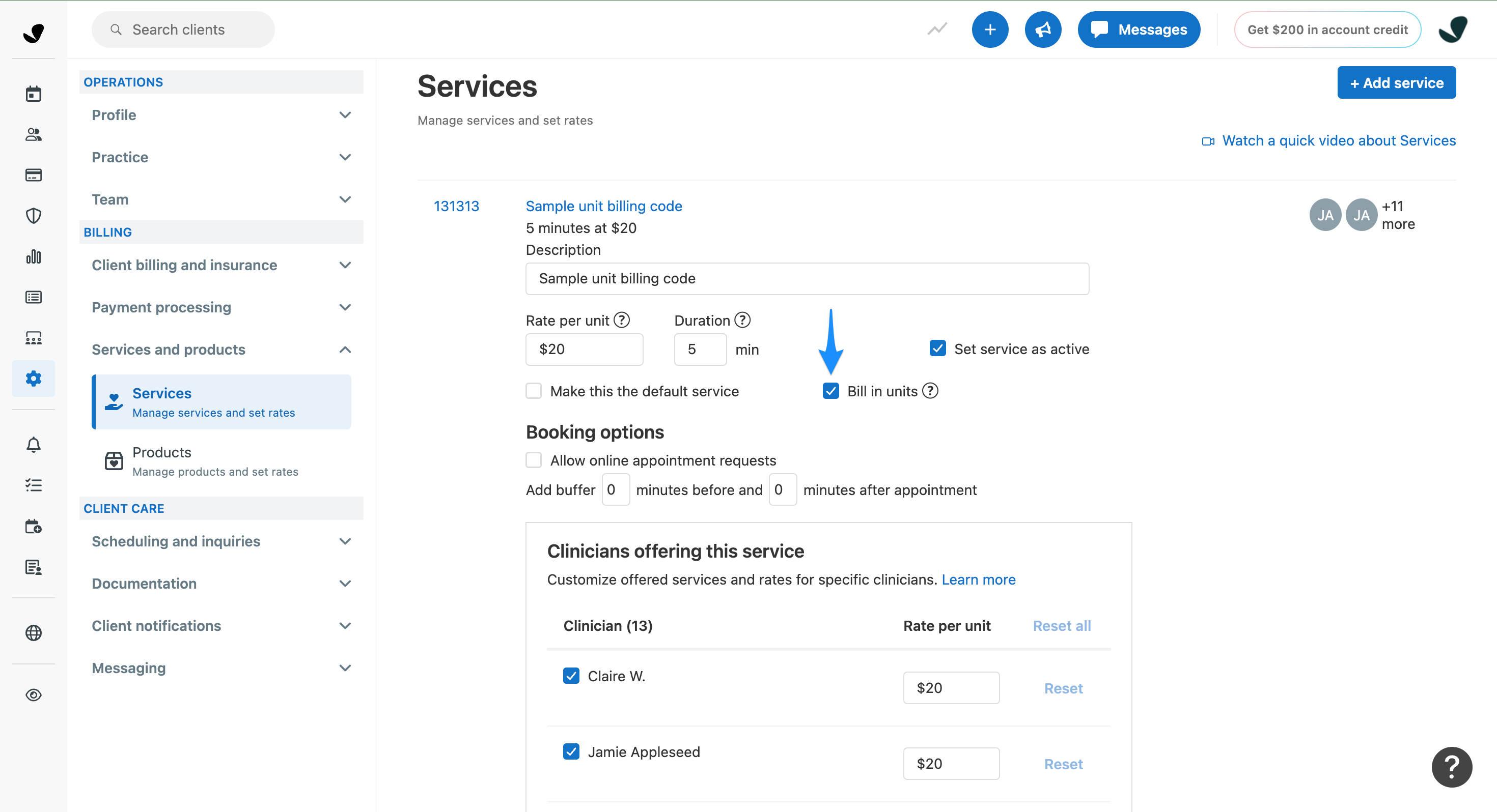 Service code settings showing the Bill in units option