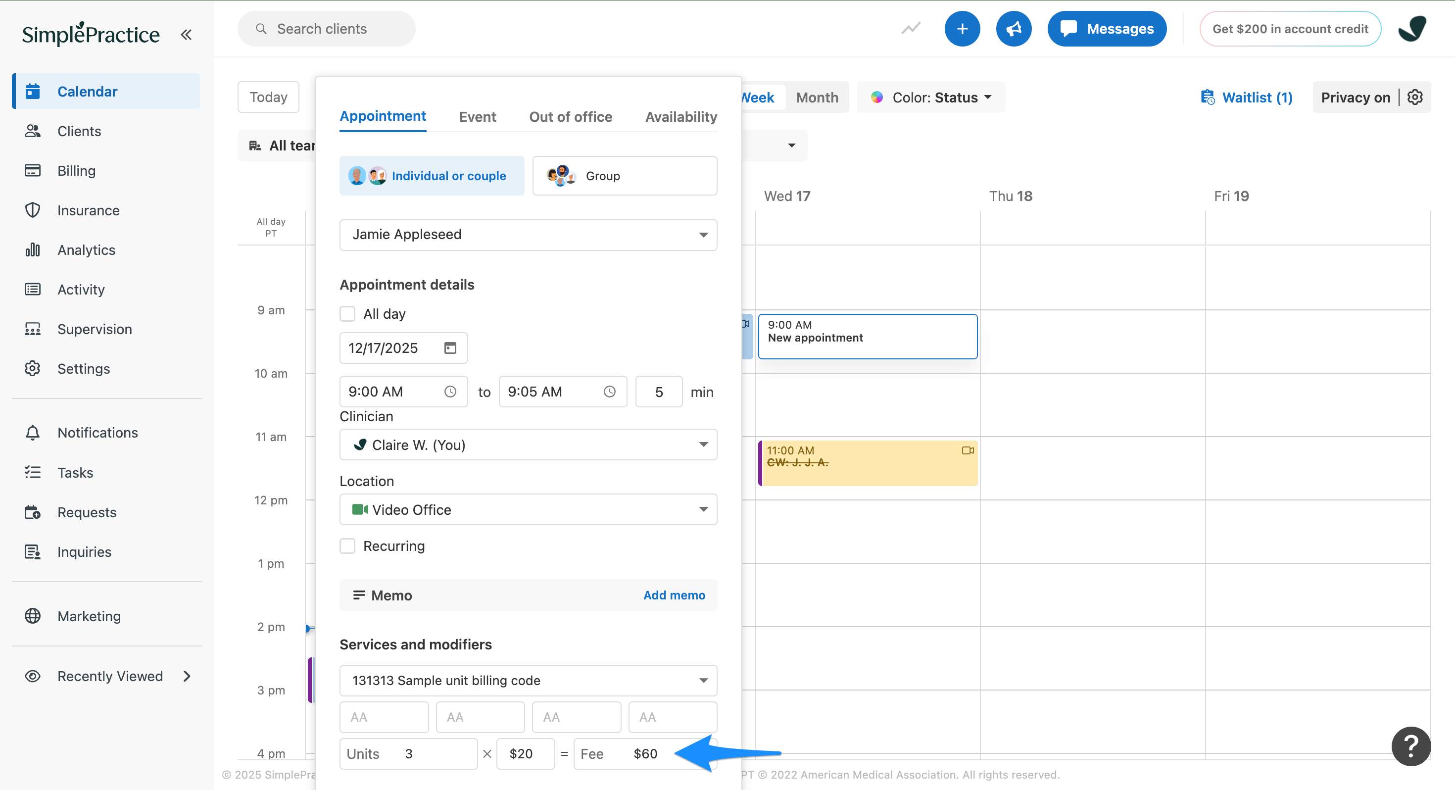 Appointment details showing units, rate per unit, and total fee