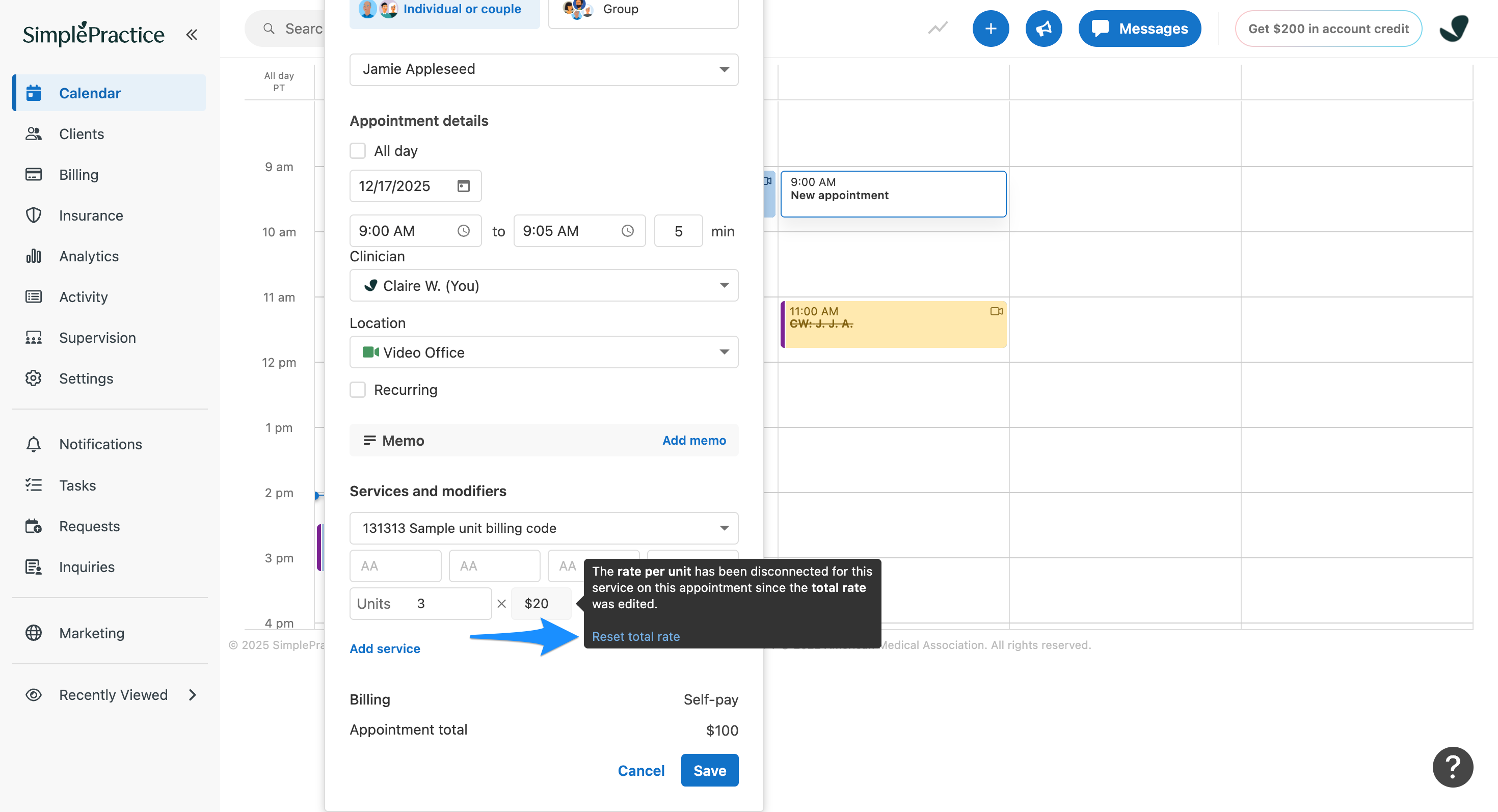 Reset total rate option next to a disabled rate per unit field