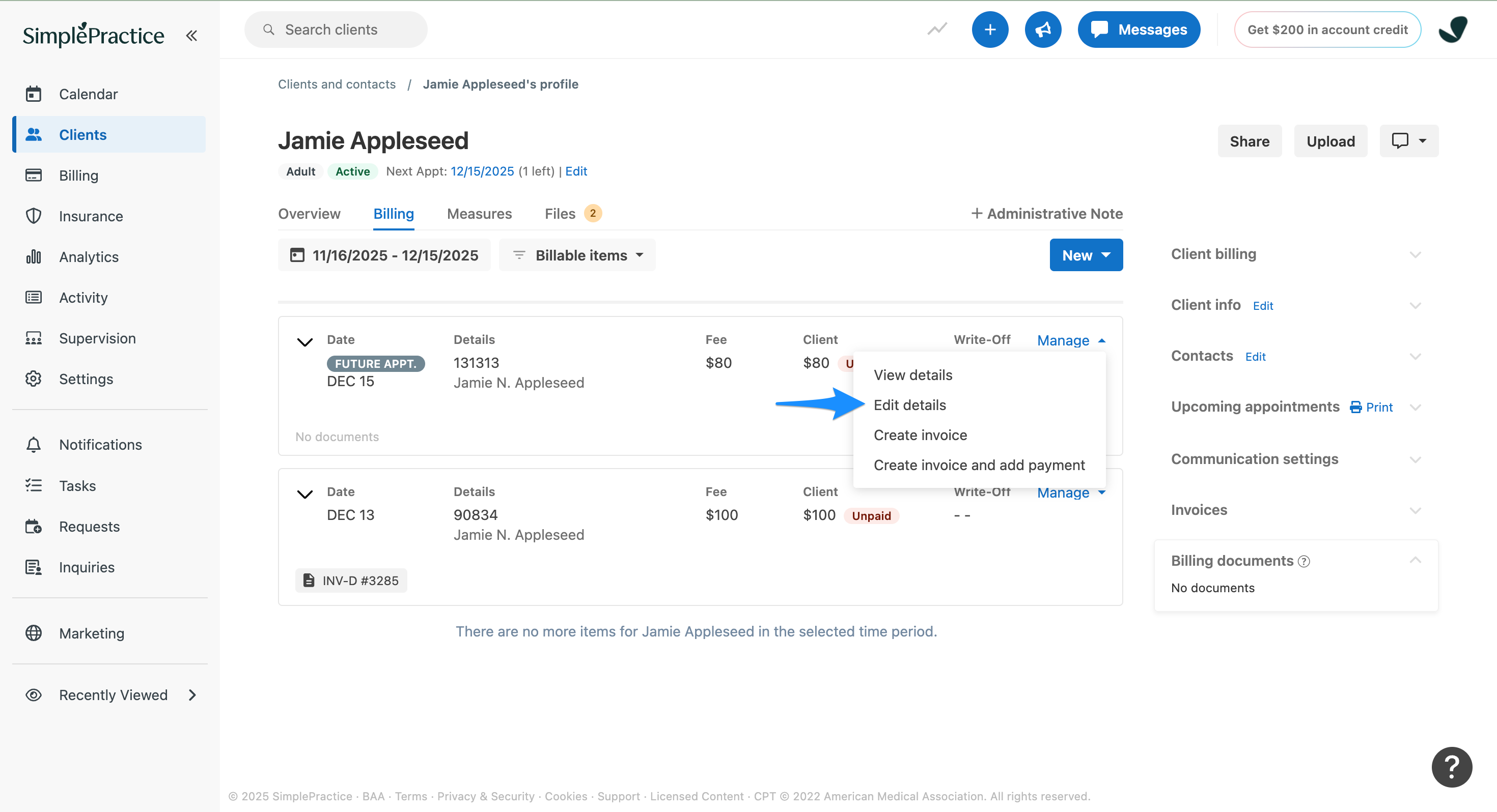 Client Billing page showing Manage menu with Edit details option
