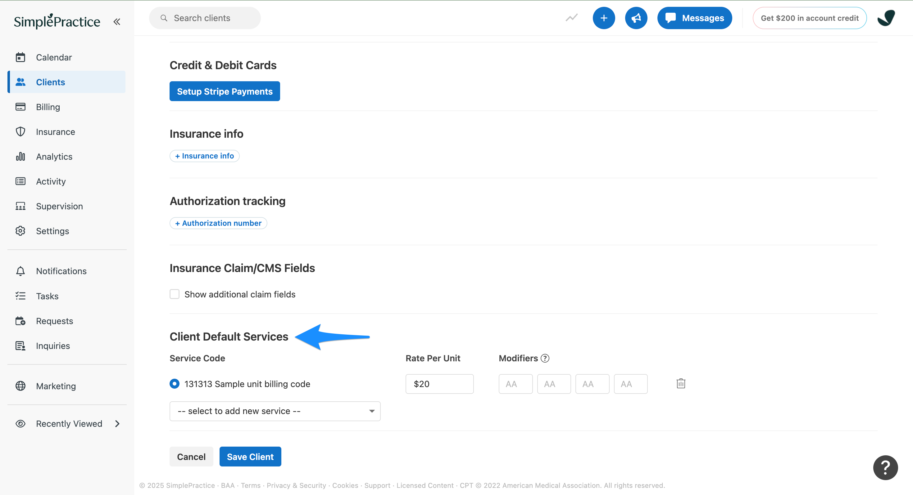 Client Default Services section on the Billing and Insurance page