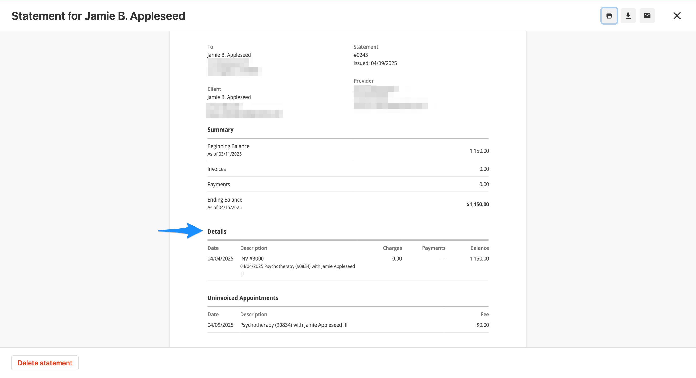 The Details section of a client statement showing a timeline of billing activity