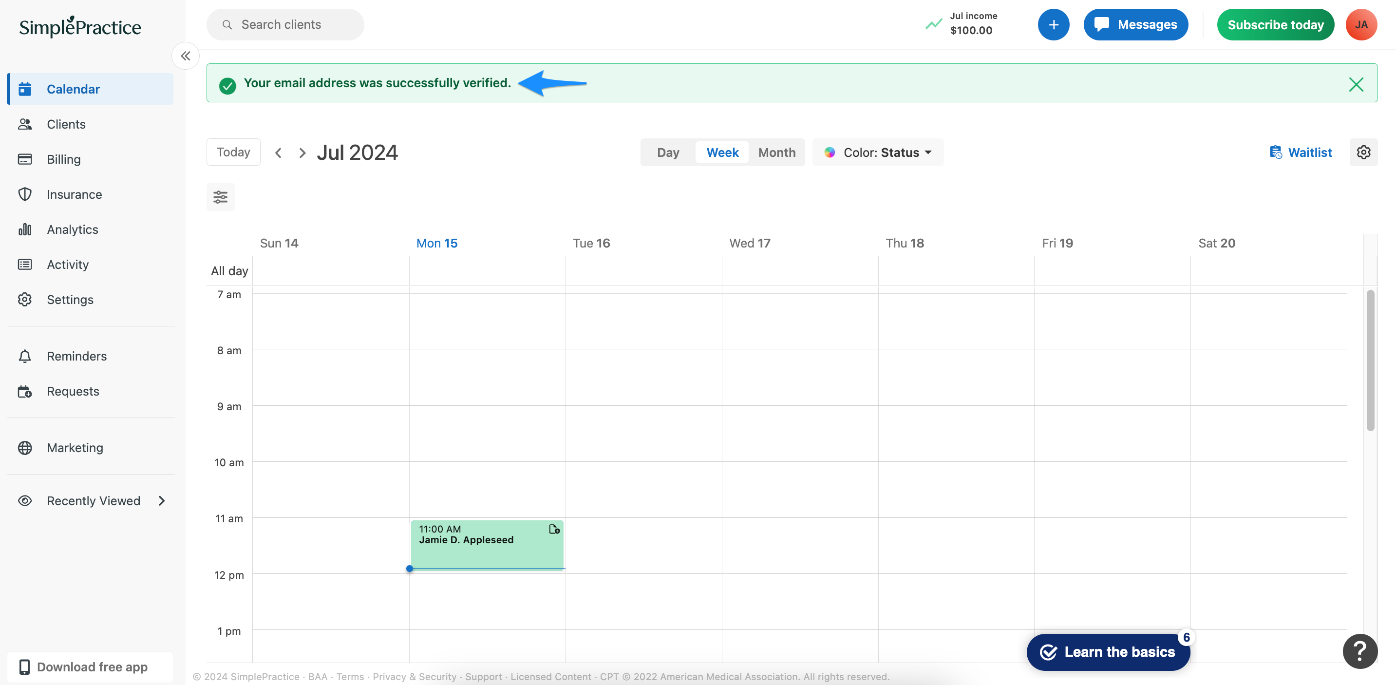 Confirmation banner showing successful email verification
