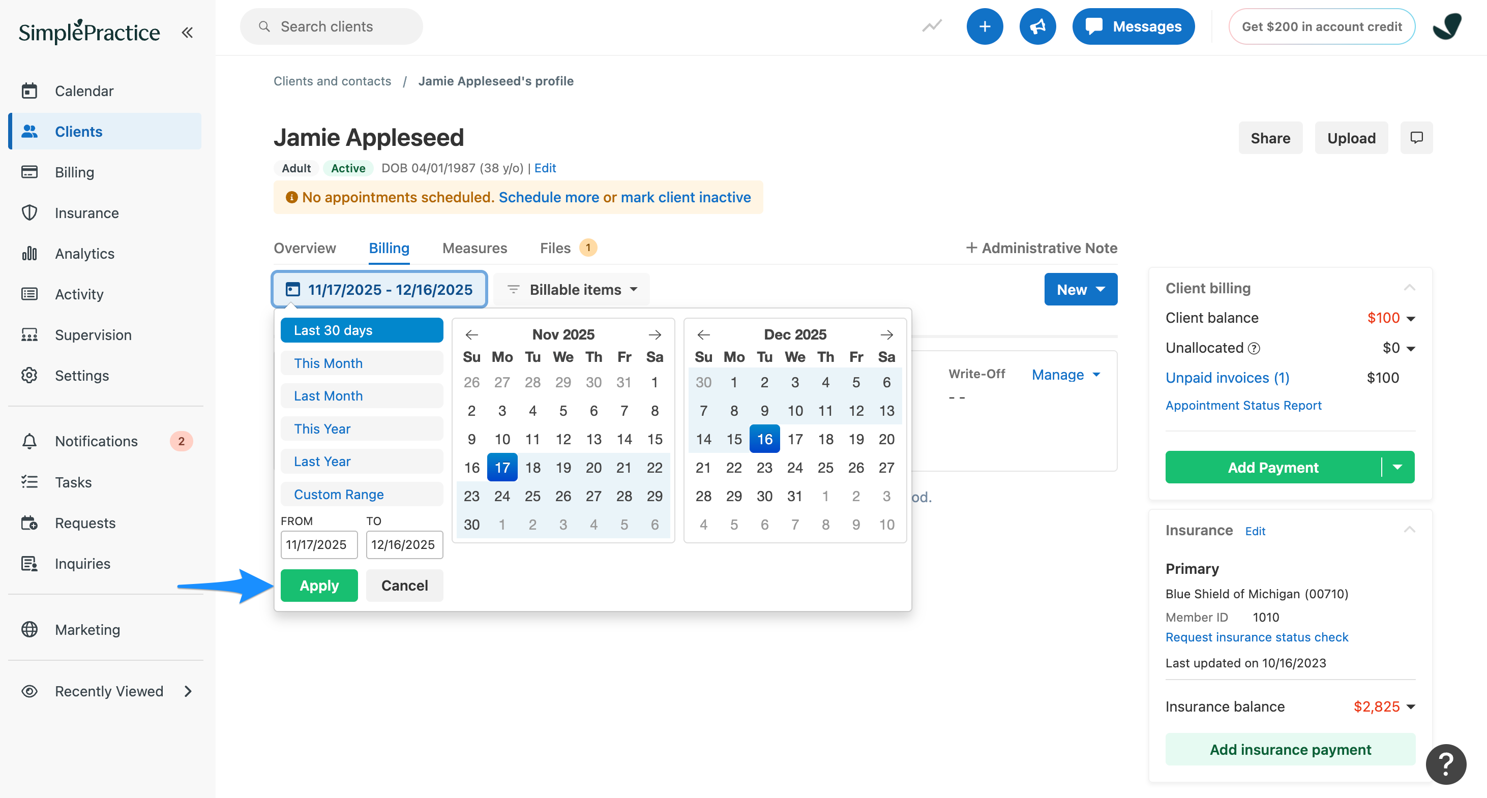 Client Billing page showing a date range selection and Apply button