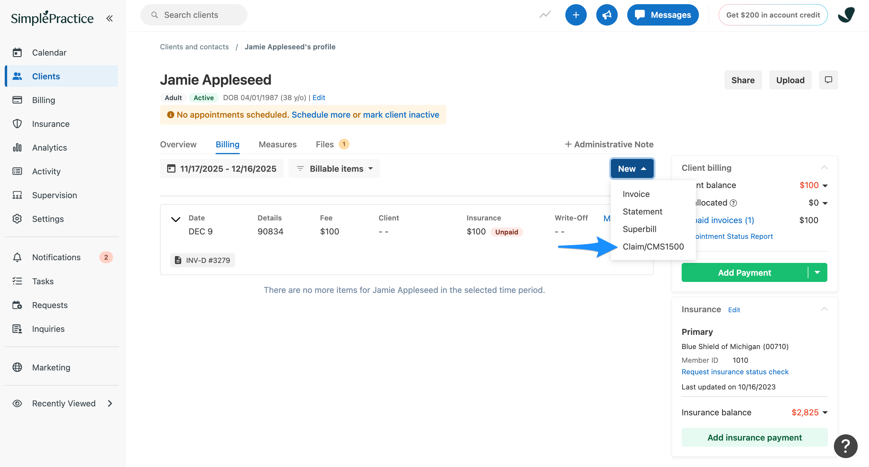Client Billing page showing the New menu with the Claim/CMS1500 option