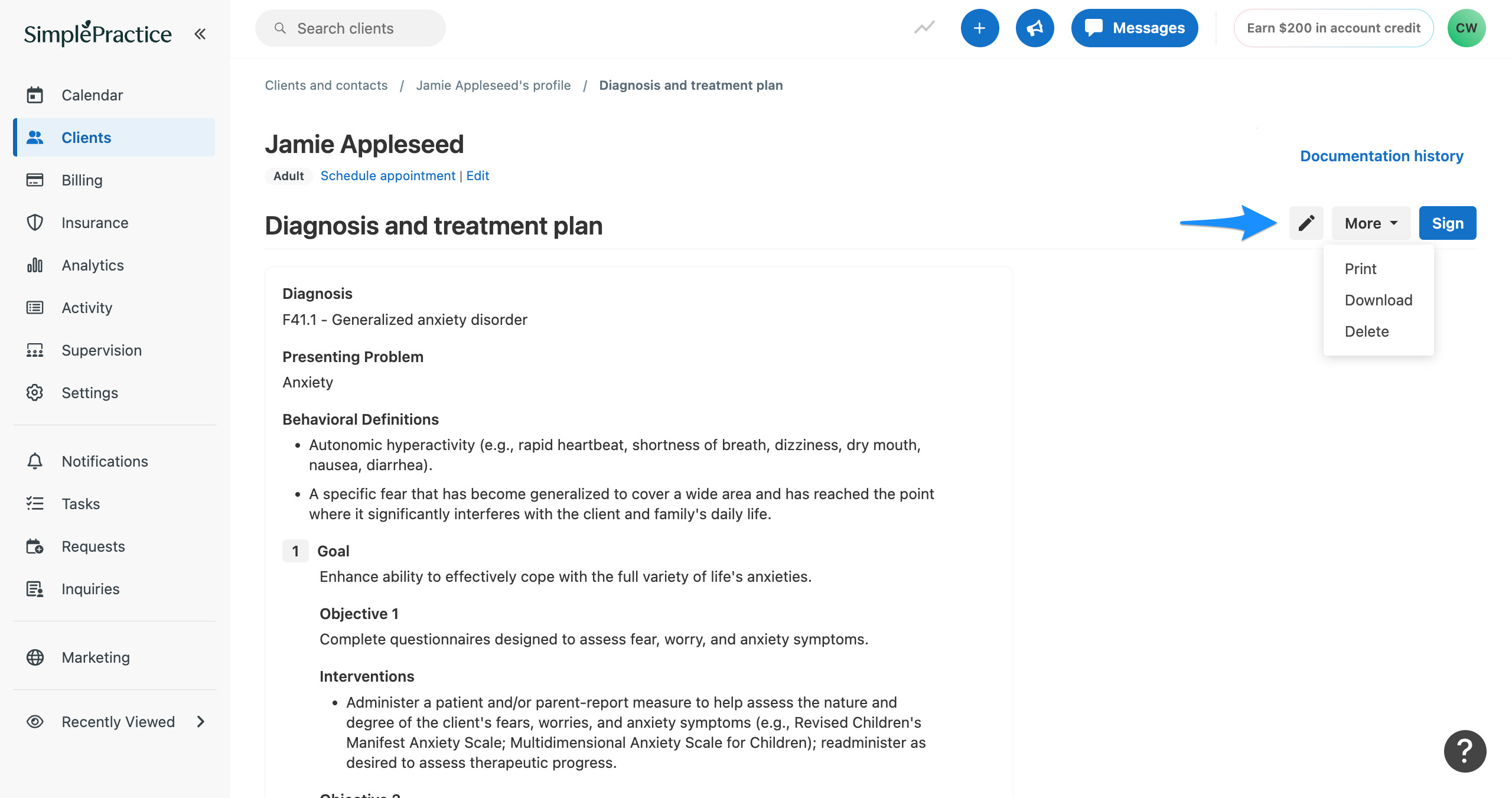 Edit diagnosis and treatment plan with pencil icon and more