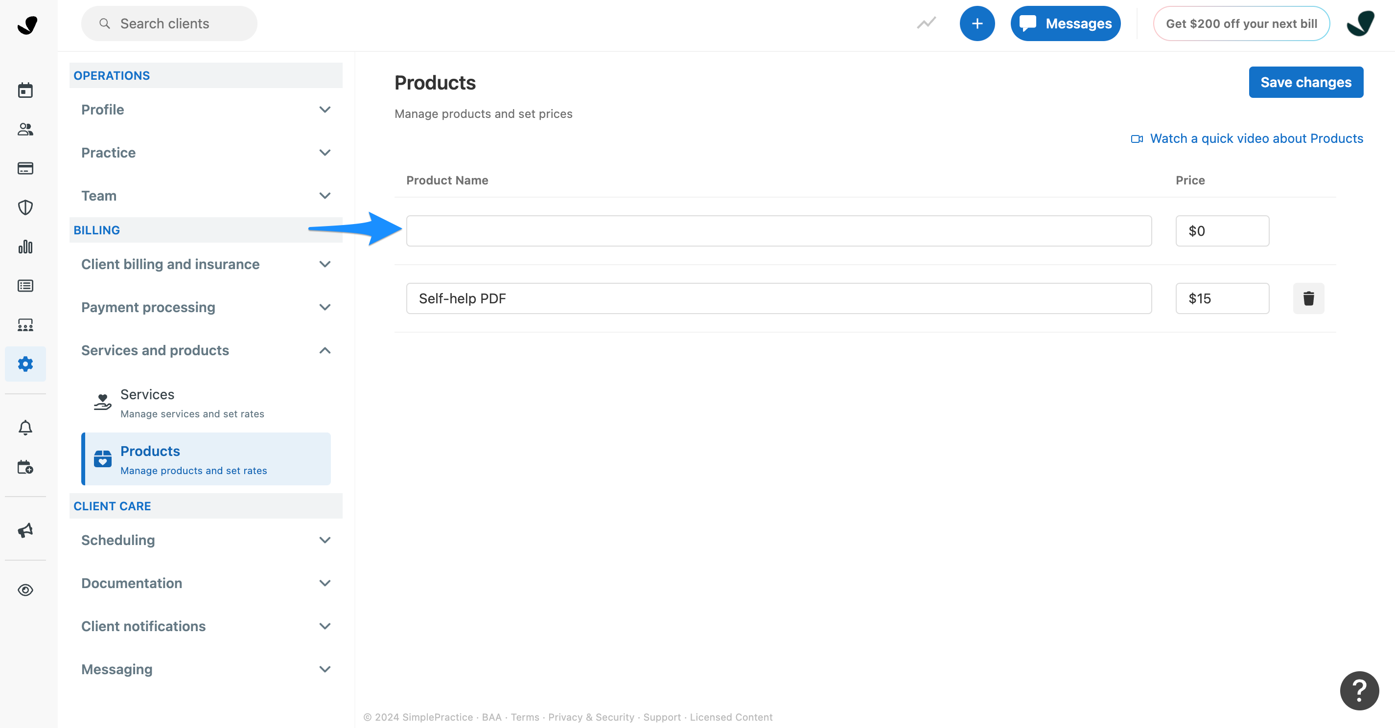 Adding a product in Products settings