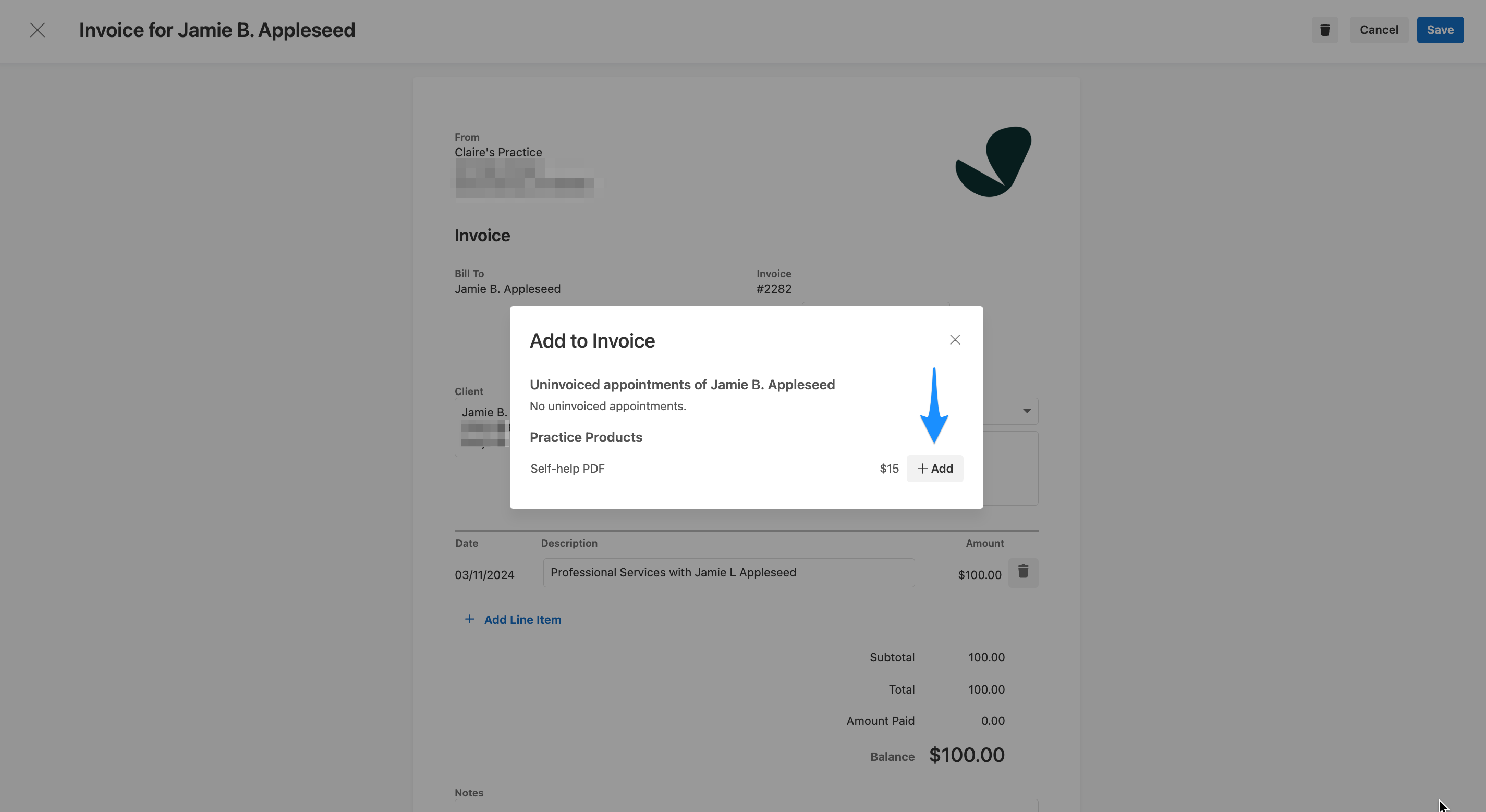 Adding a product to an invoice