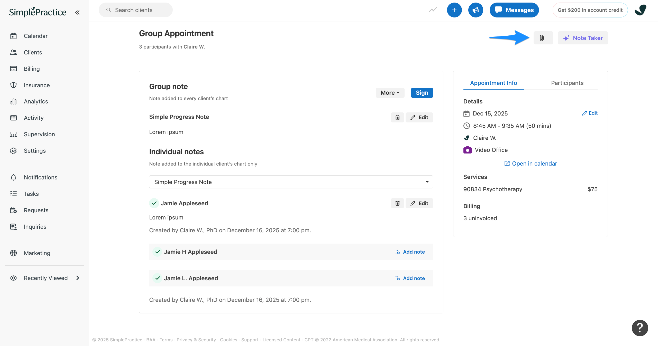 Paper clip icon on the group appointment page used to attach a file