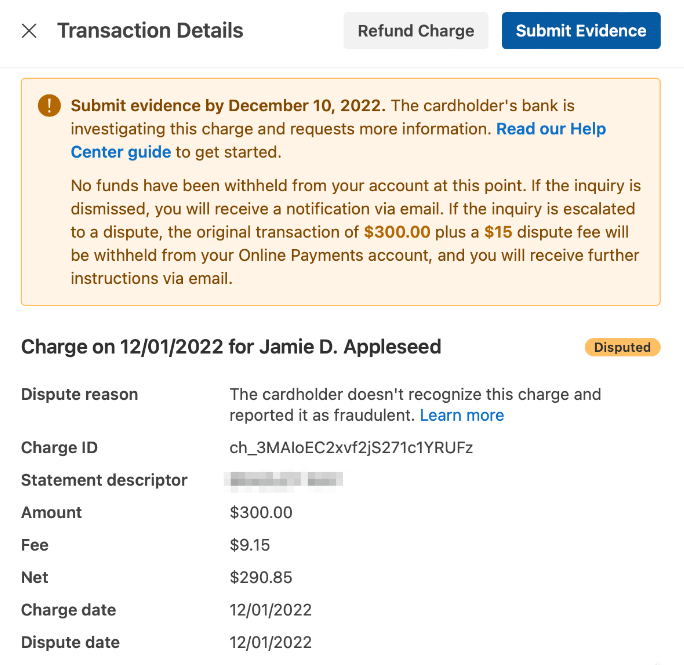 Card transactions banner showing an inquiry or retrieval with a notice that no funds are being withheld