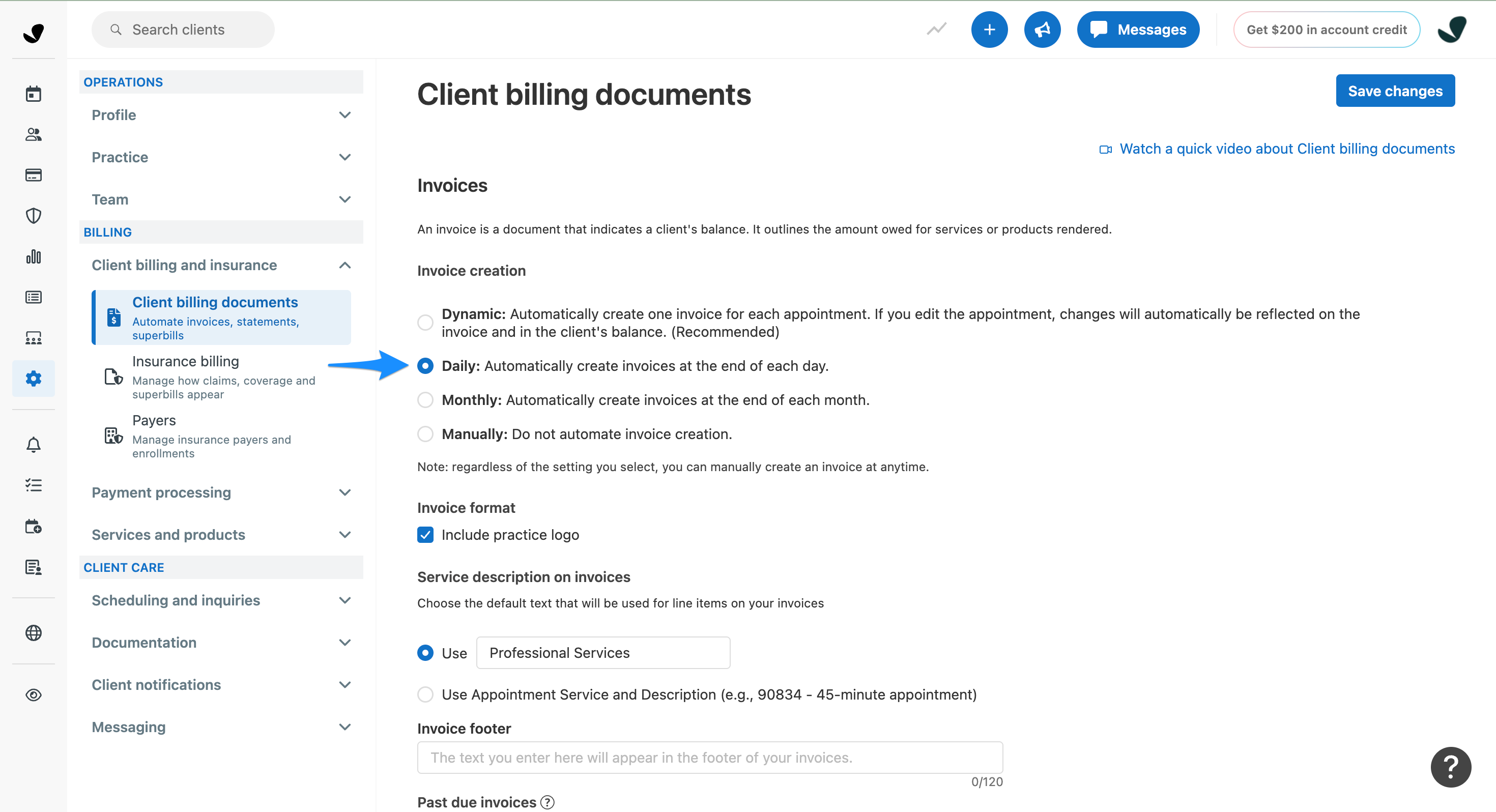 Invoice settings page showing Invoice Creation set to Daily