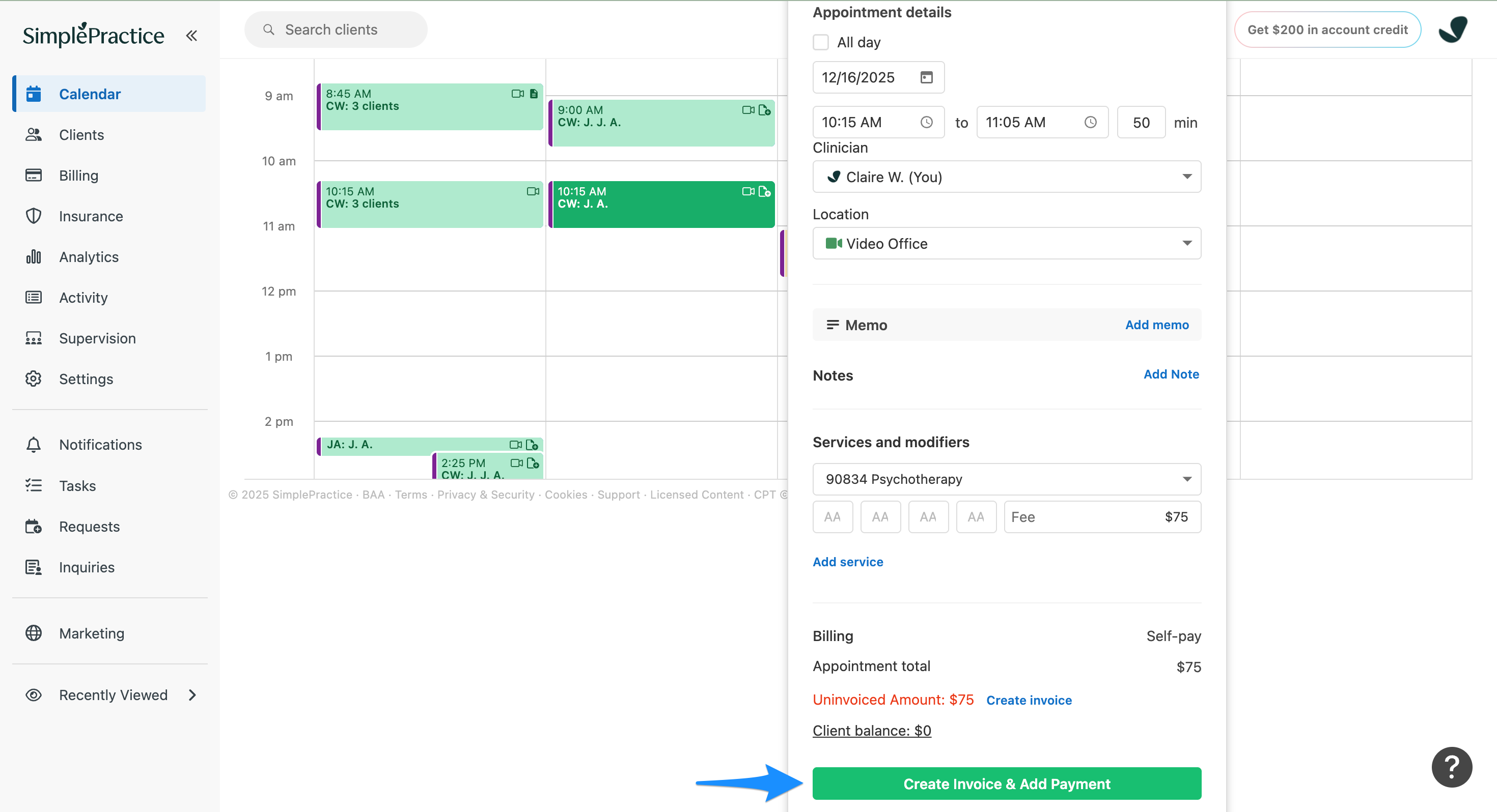 Appointment flyout showing Create Invoice & Add Payment option