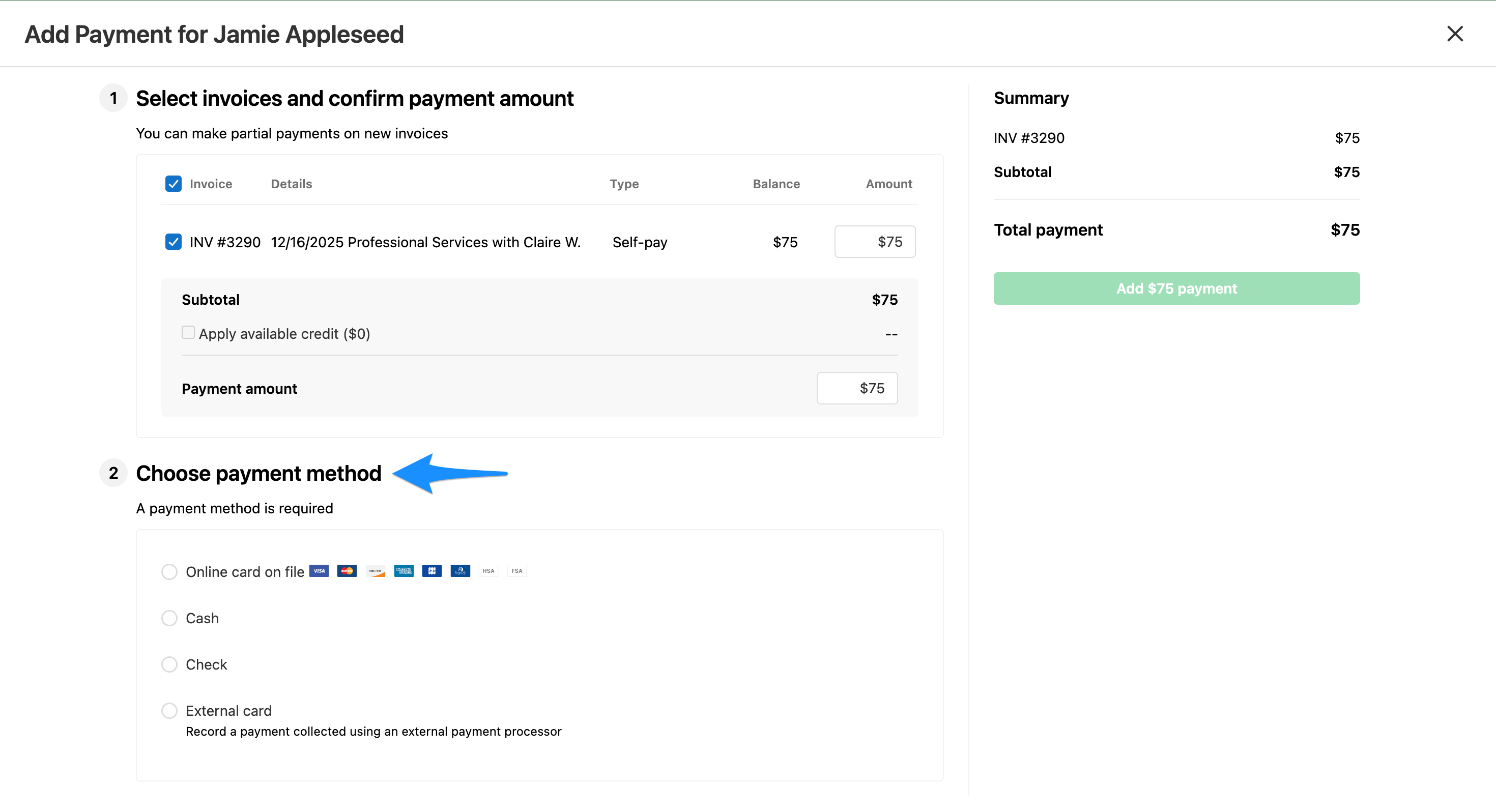 Invoice screen showing payment method selection