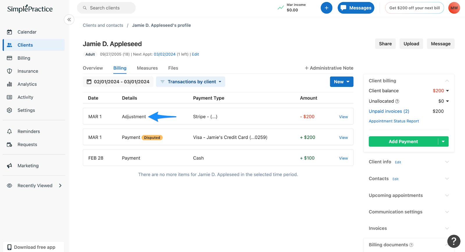 Client Billing page showing a disputed amount recorded as an Adjustment