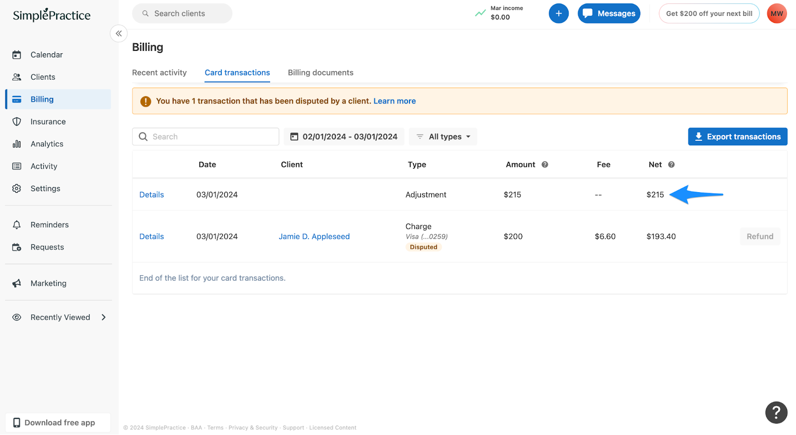 Card transactions view showing a disputed adjustment total including the $15 dispute fee difference