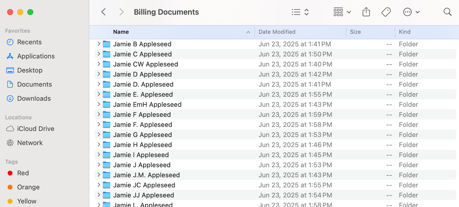 Export folder structure showing folders for each client containing their documents