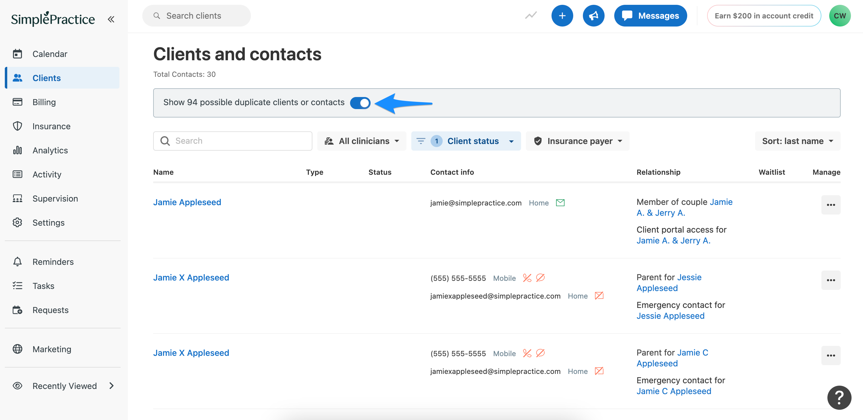 Banner showing possible duplicate clients or contacts toggle