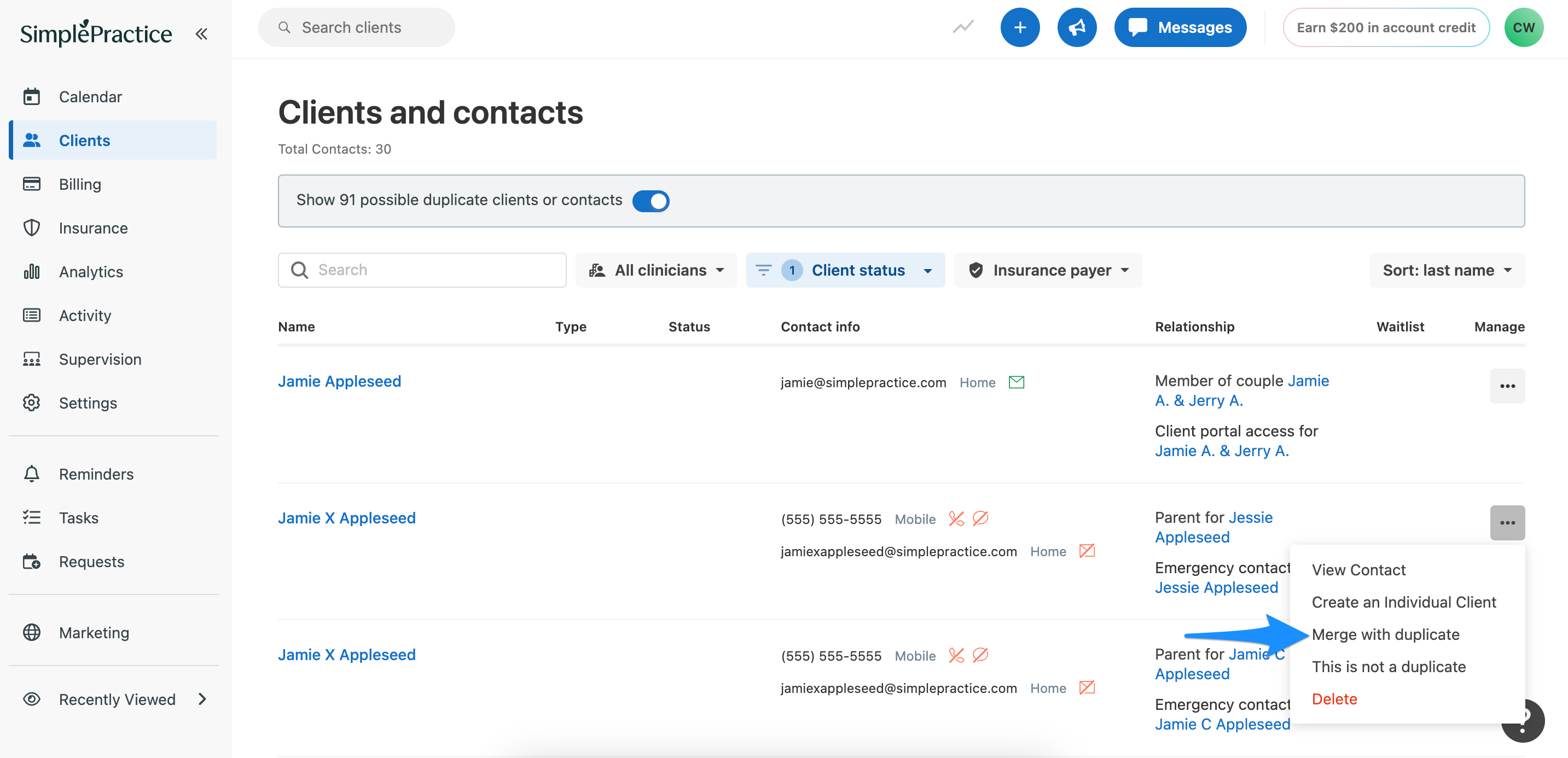 Merge with duplicate option from a contact’s Manage menu