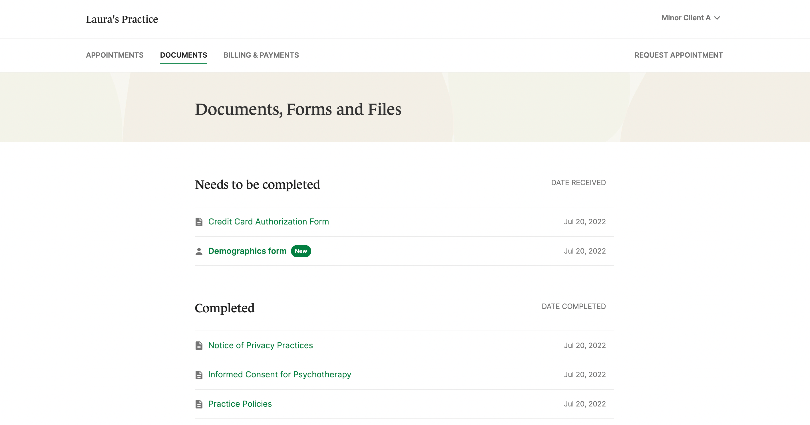 Documents section in the Client Portal for a contact