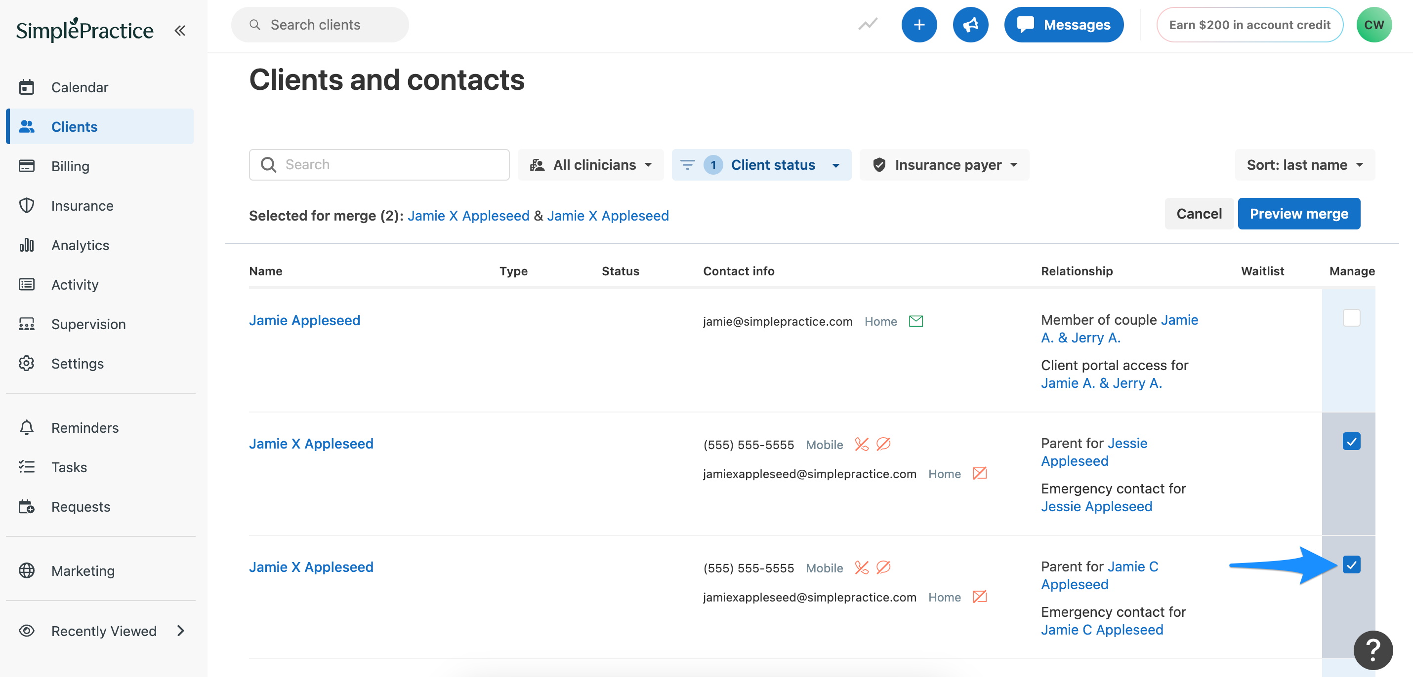 Checkboxes for selecting duplicate profiles to merge