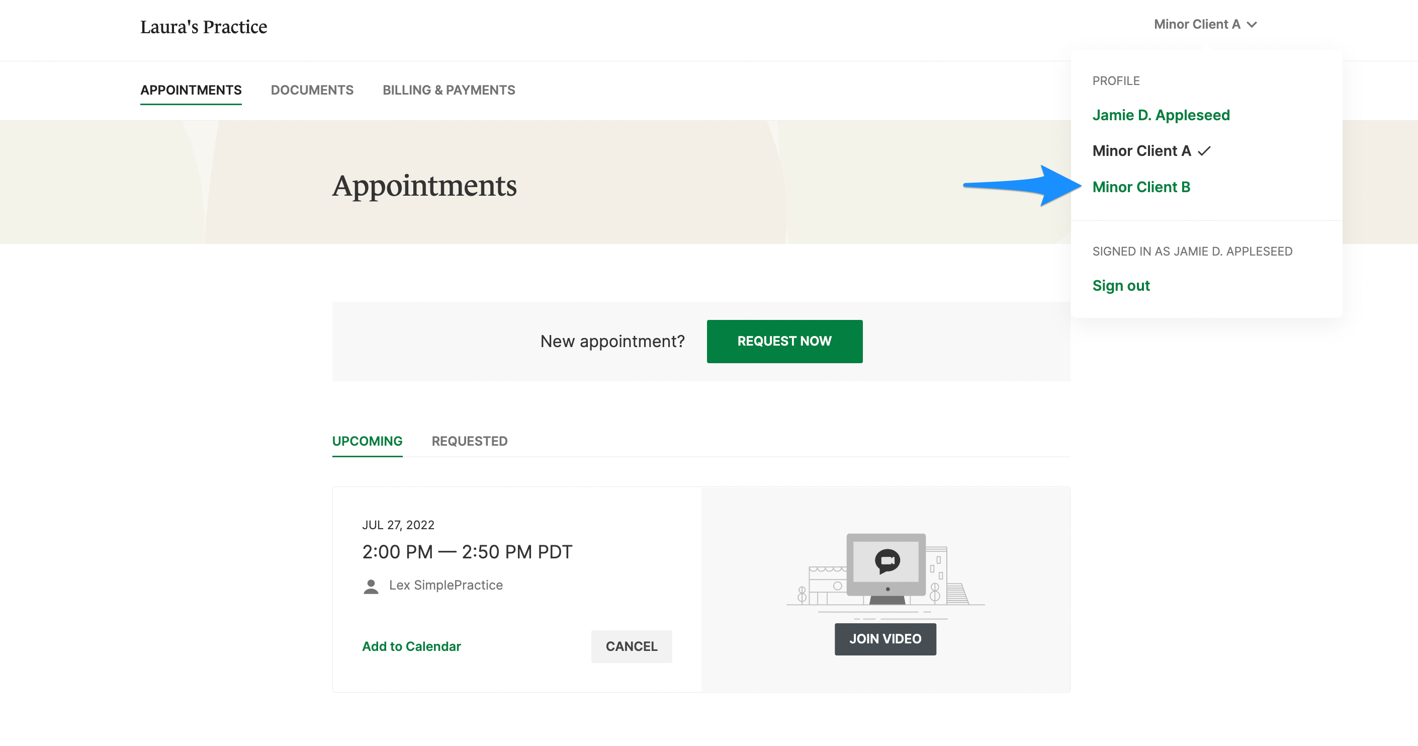 Profile menu in the Client Portal for switching profiles or signing out