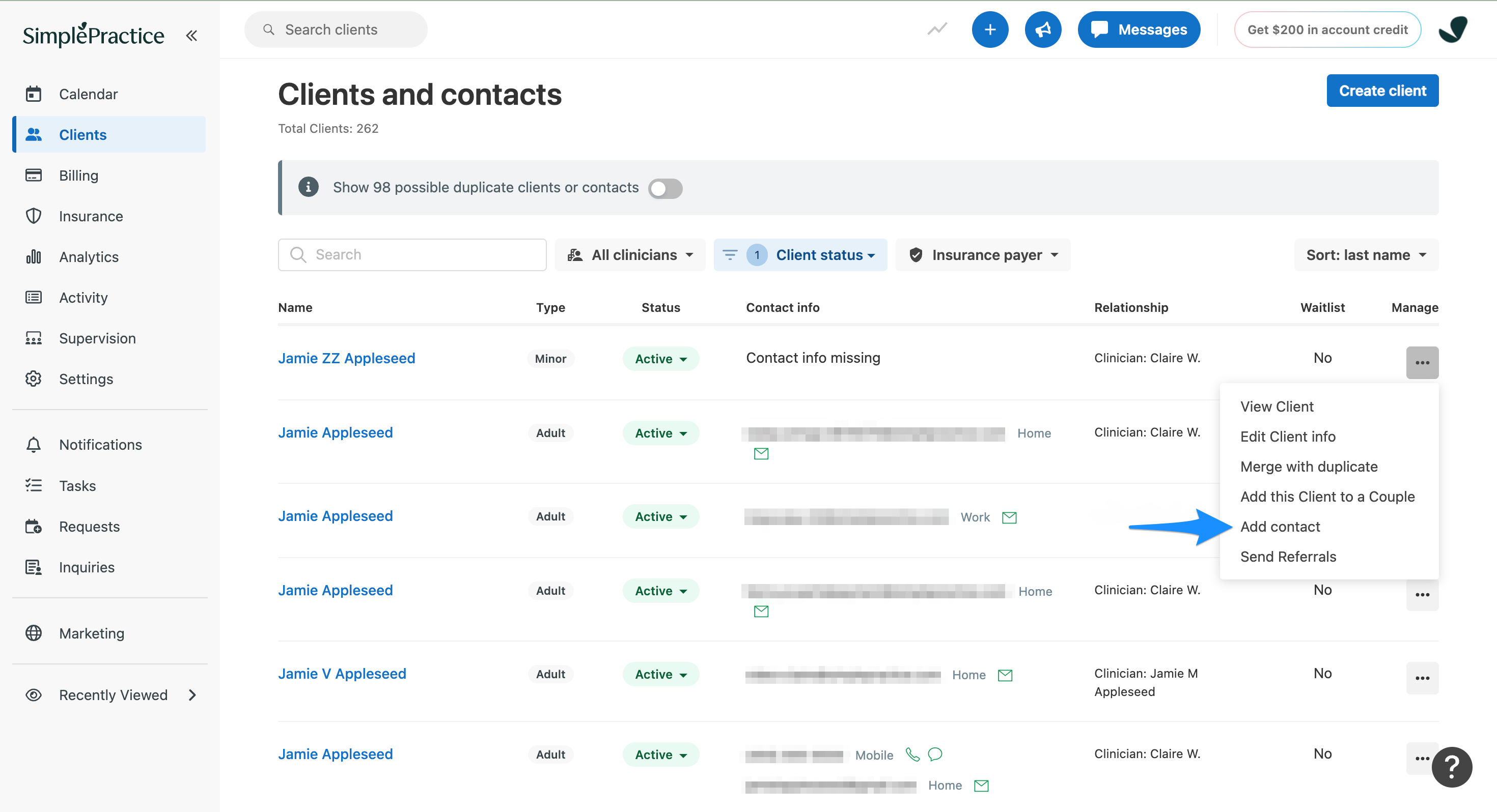 Add contact option from the Clients and contacts list under Manage