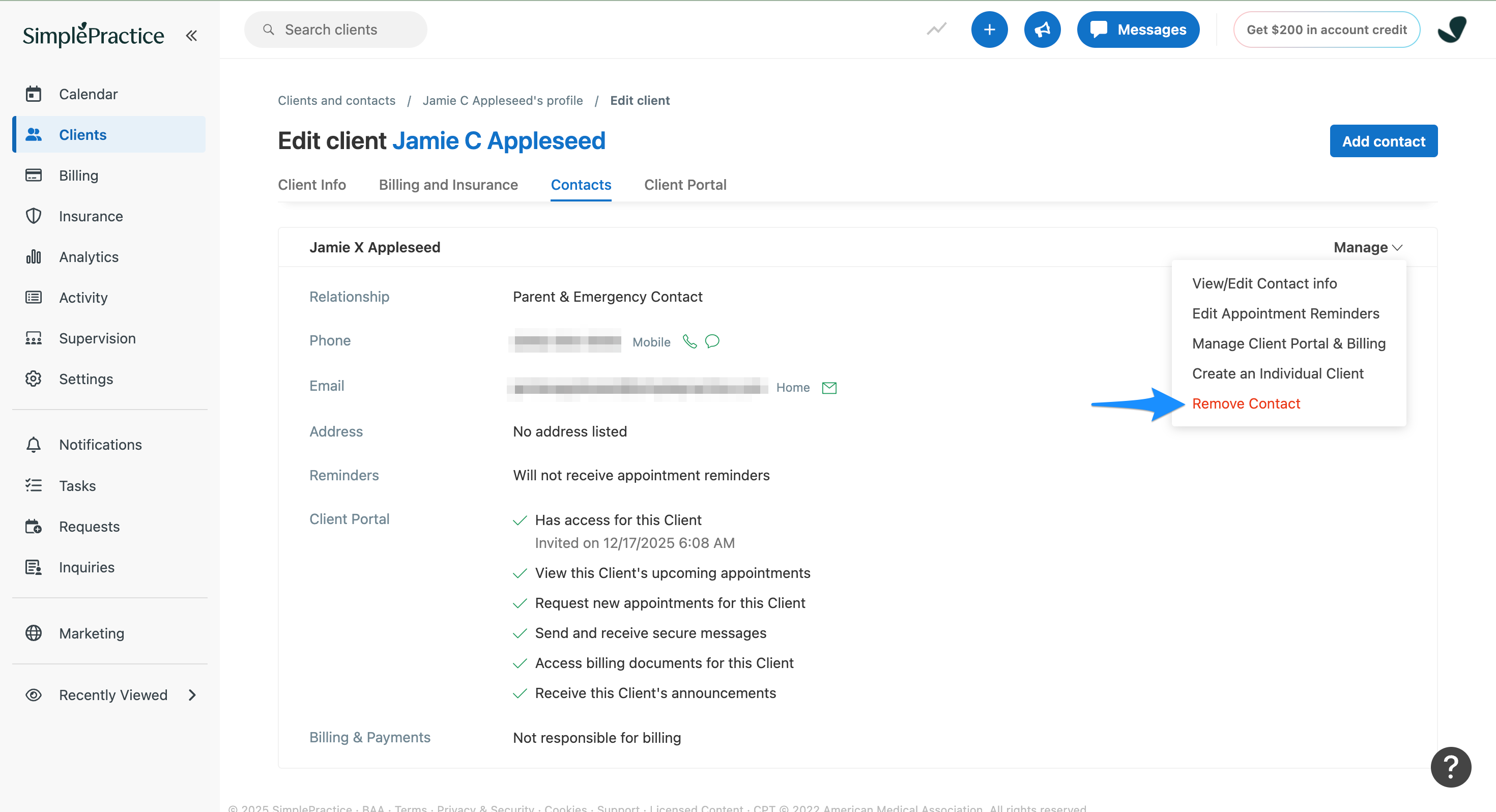 Remove contact option in the contact Manage menu