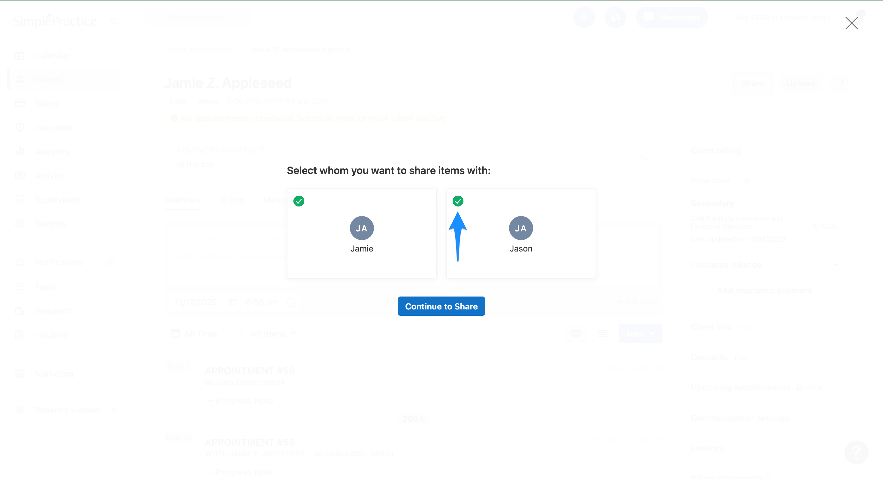 Contact selection step in the share workflow