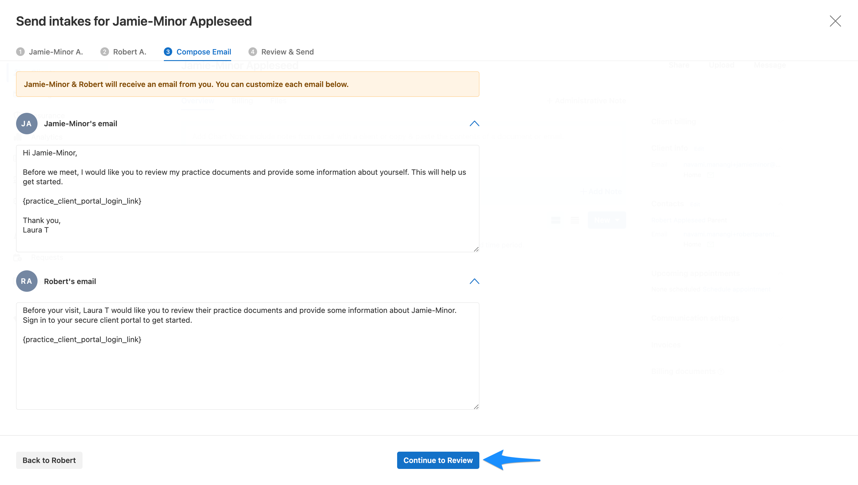 Review intake email screen for a minor client