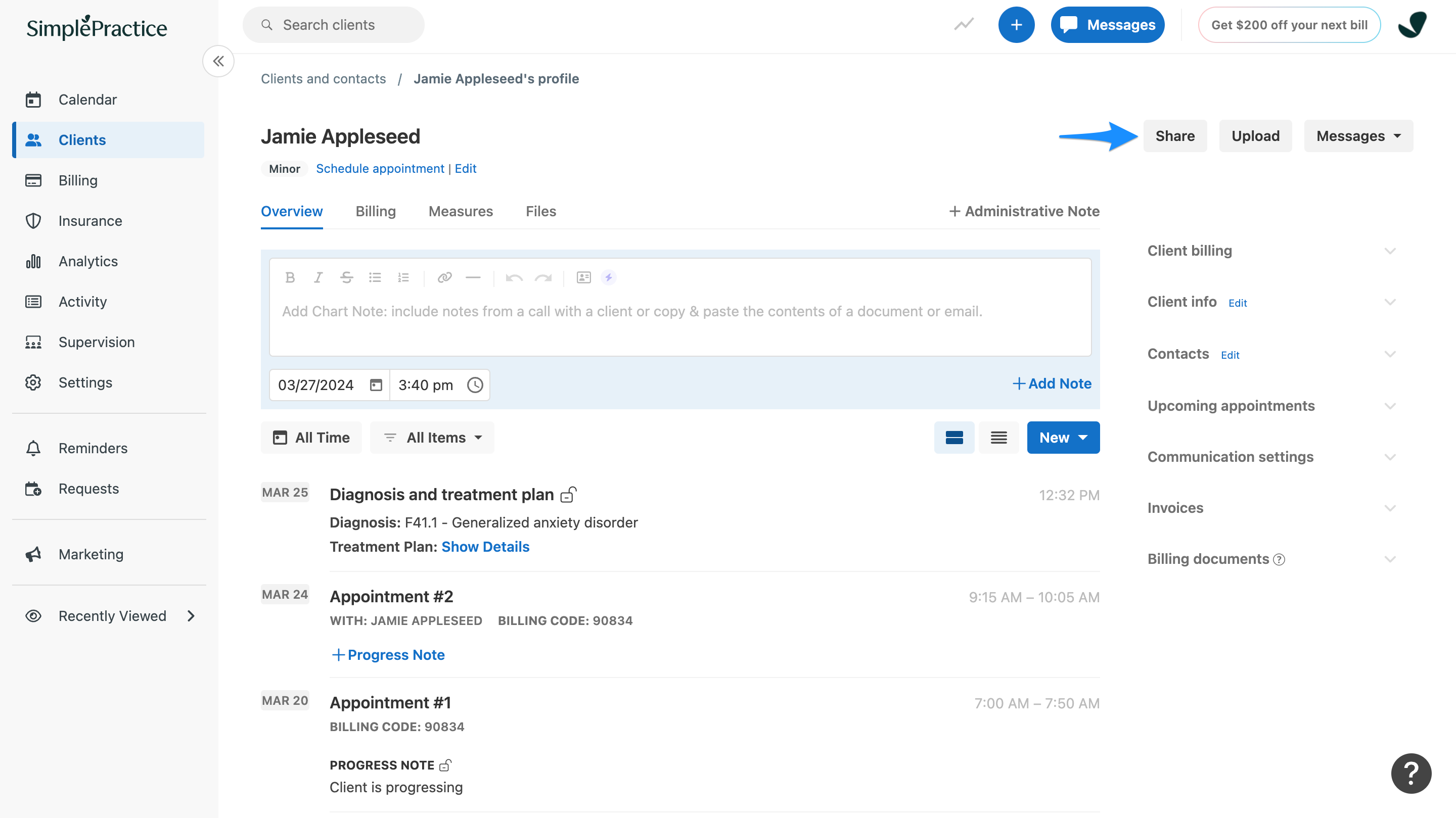 Client Overview page showing the Share button for a minor client