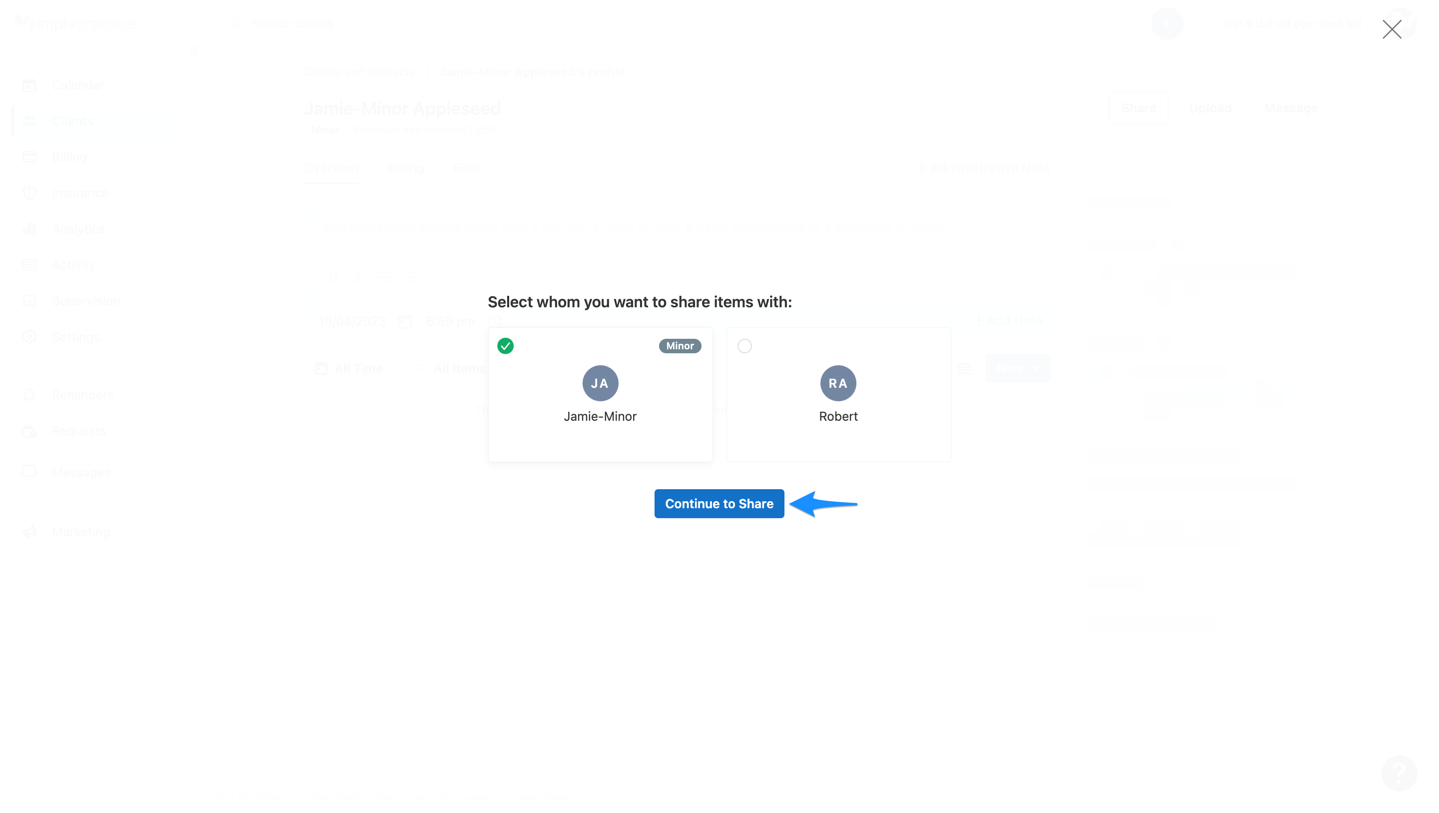 Share selection screen showing client and contact options for a minor