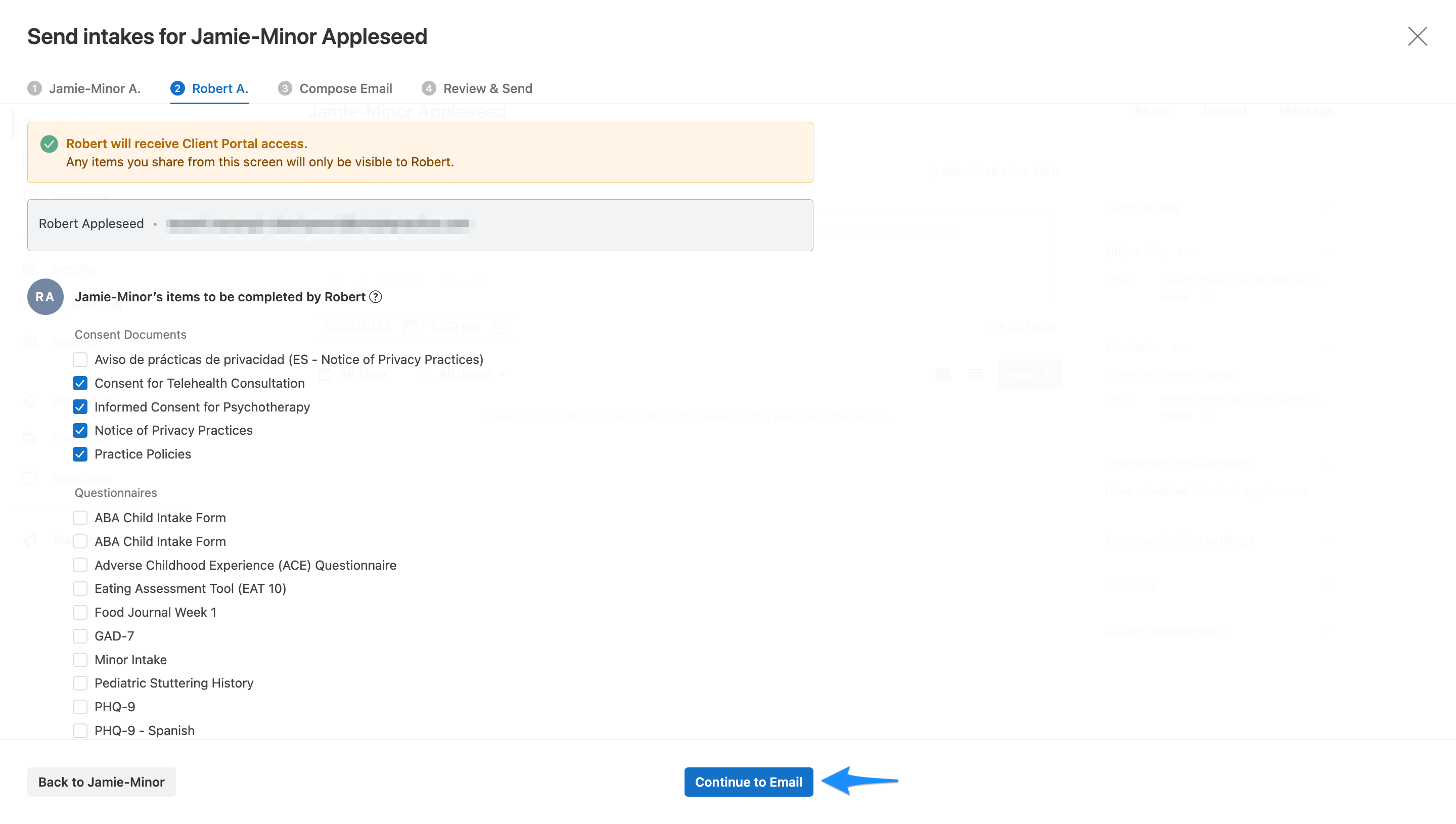 Client Items screen showing intake forms selected for a minor client and contacts