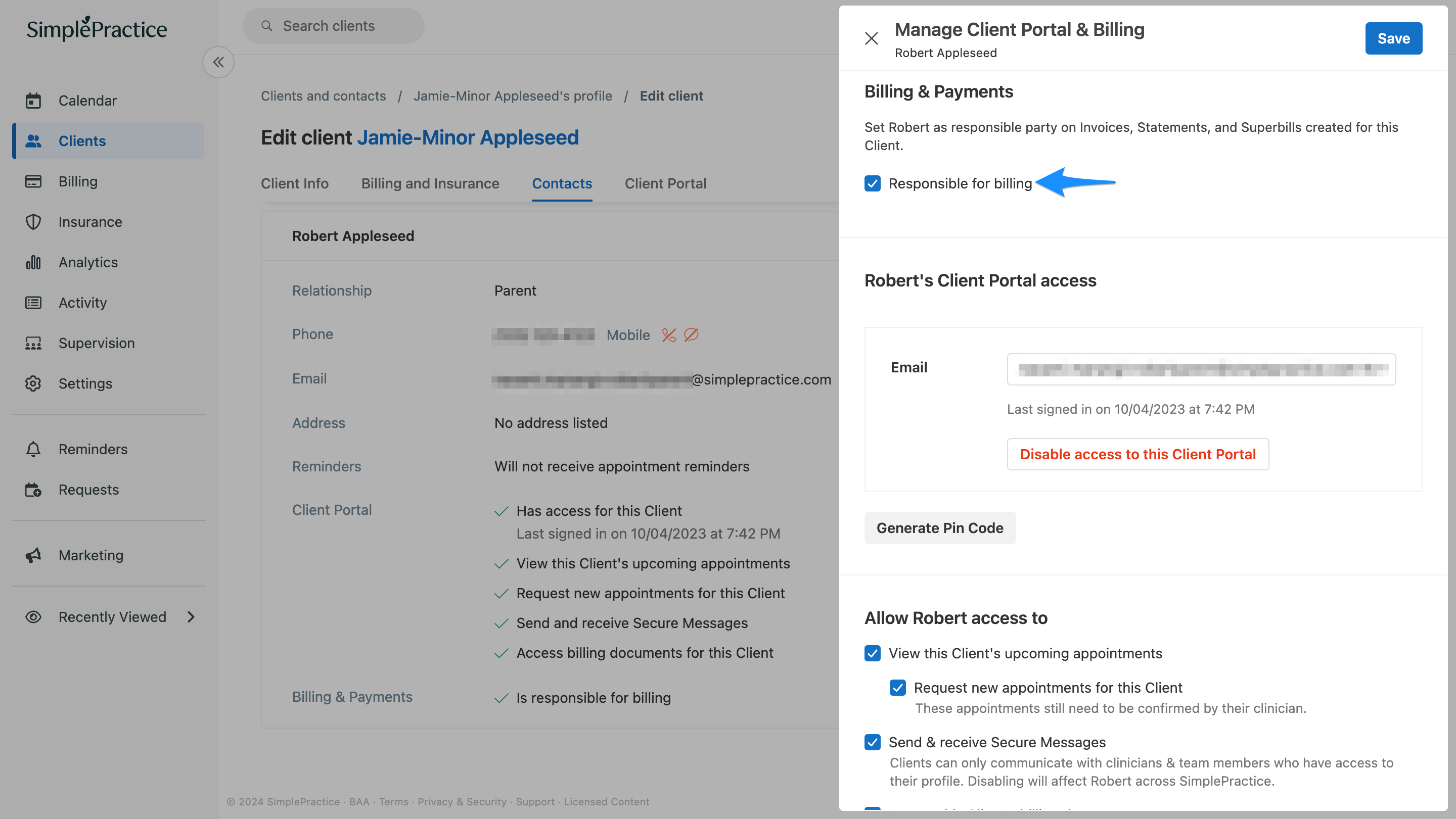 Arrow pointing to Responsible for billing checkbox 
