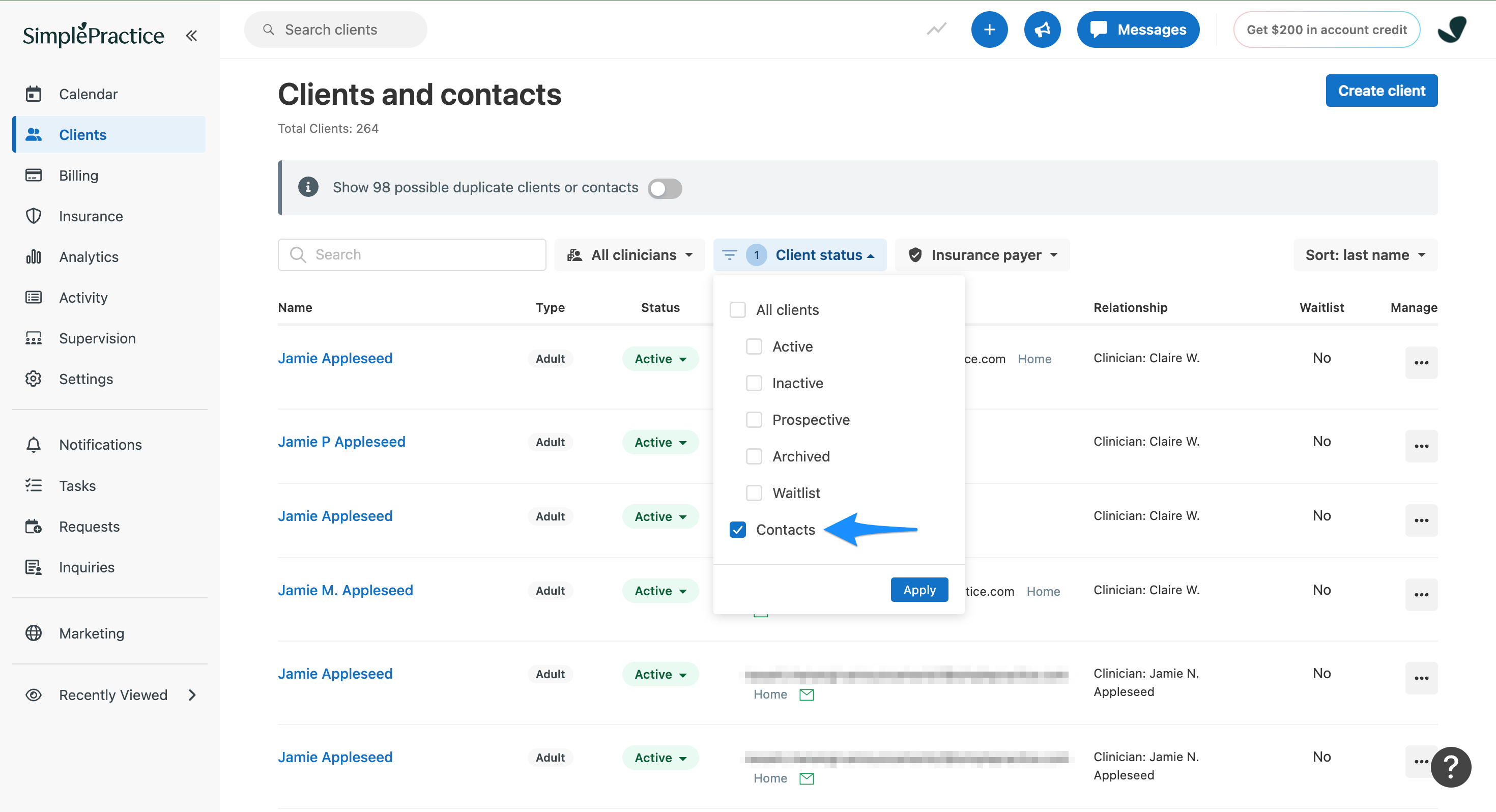 Filtering for Contacts on the Clients and contacts page
