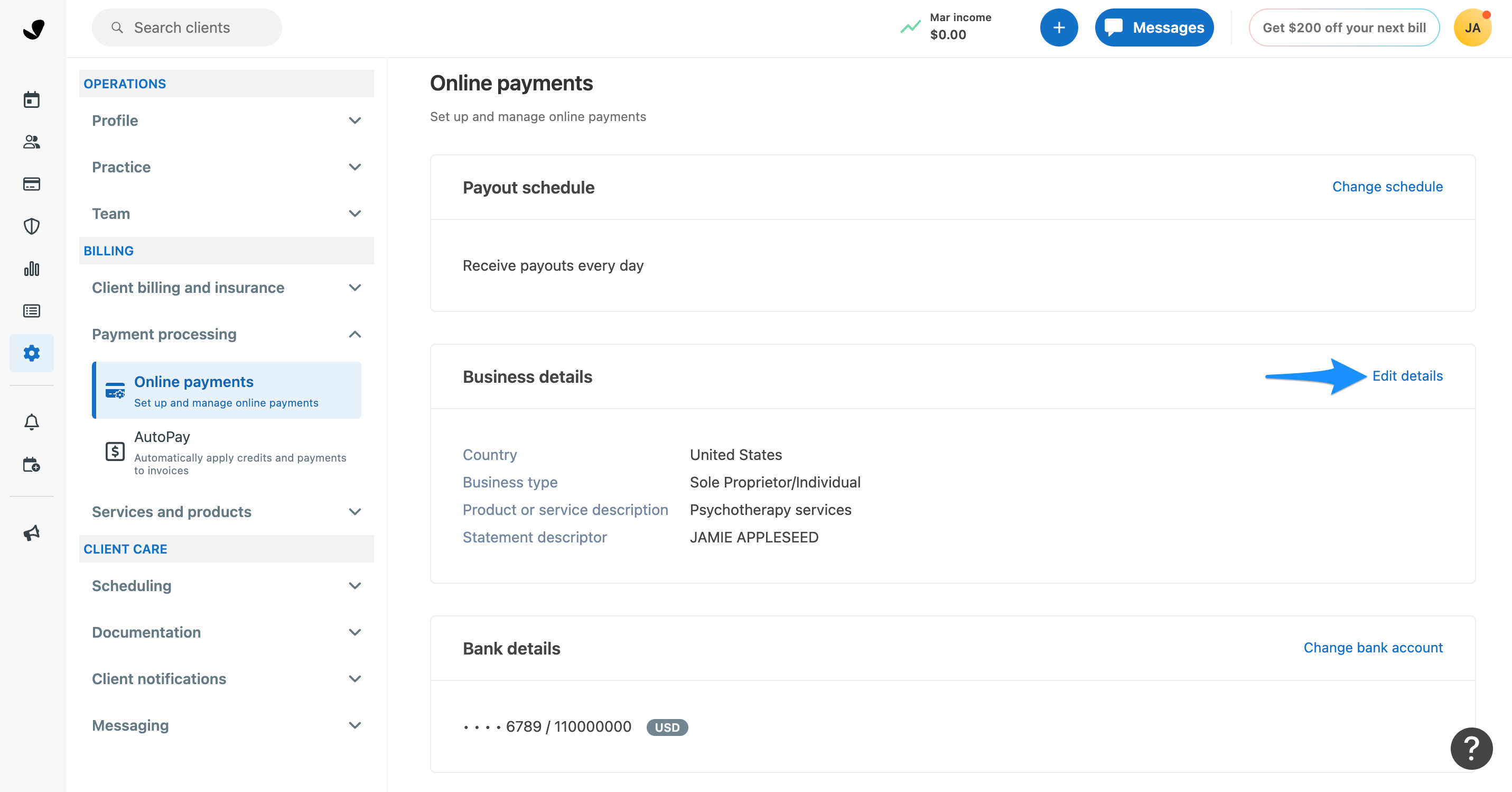Editing Business details within Online payments settings page