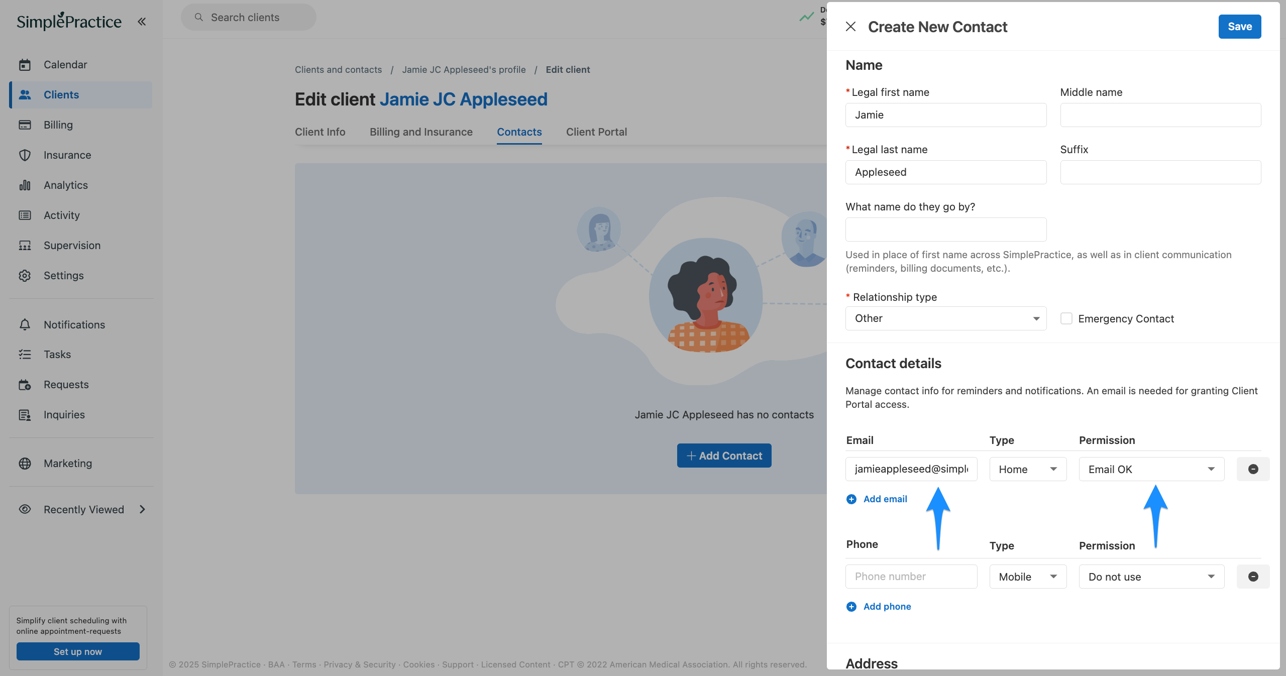 Contact profile fields showing an email address entered and Permission set to Email ok