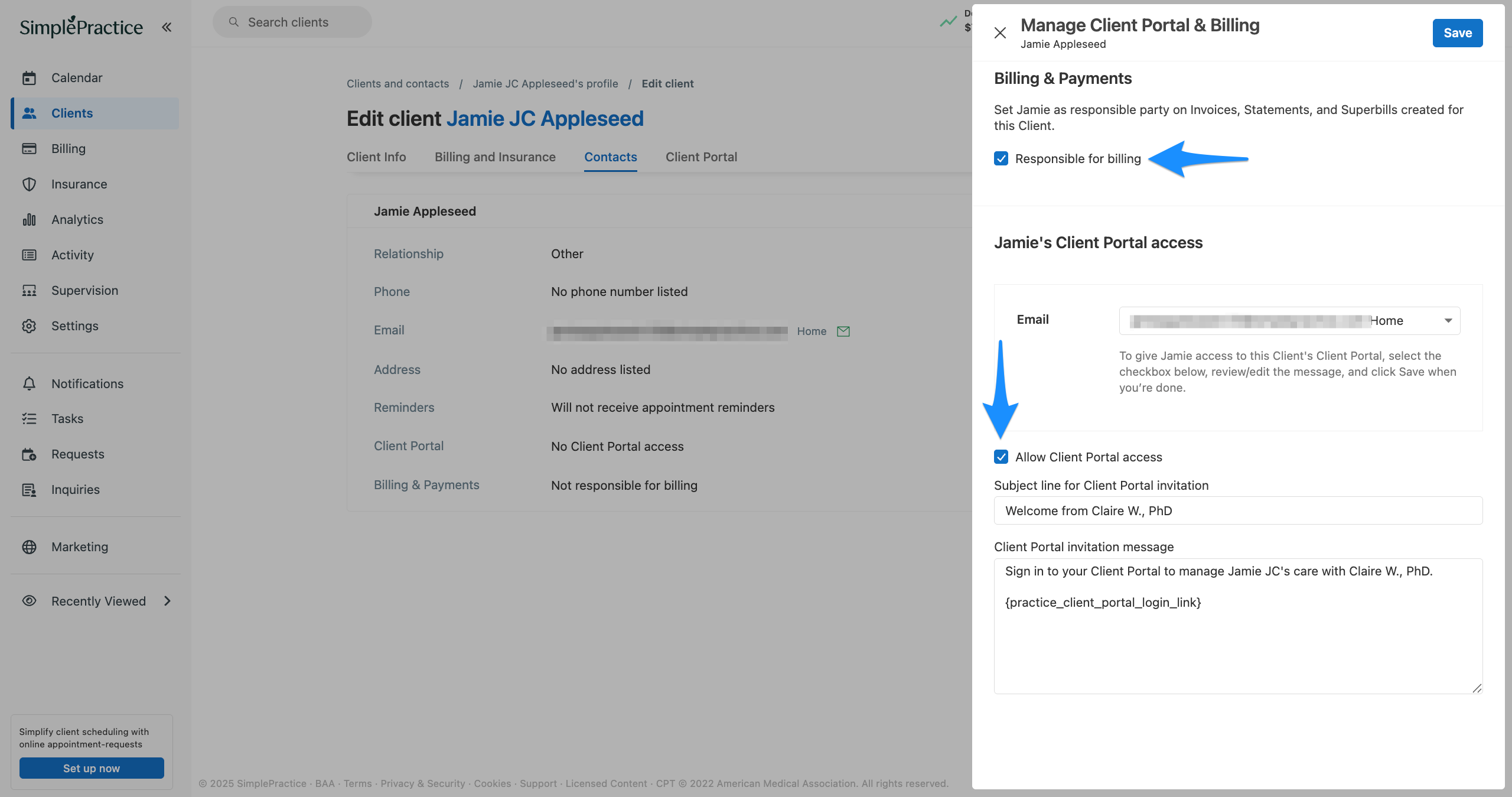 Manage Client Portal & Billing panel showing Responsible for billing and Allow Client Portal access options