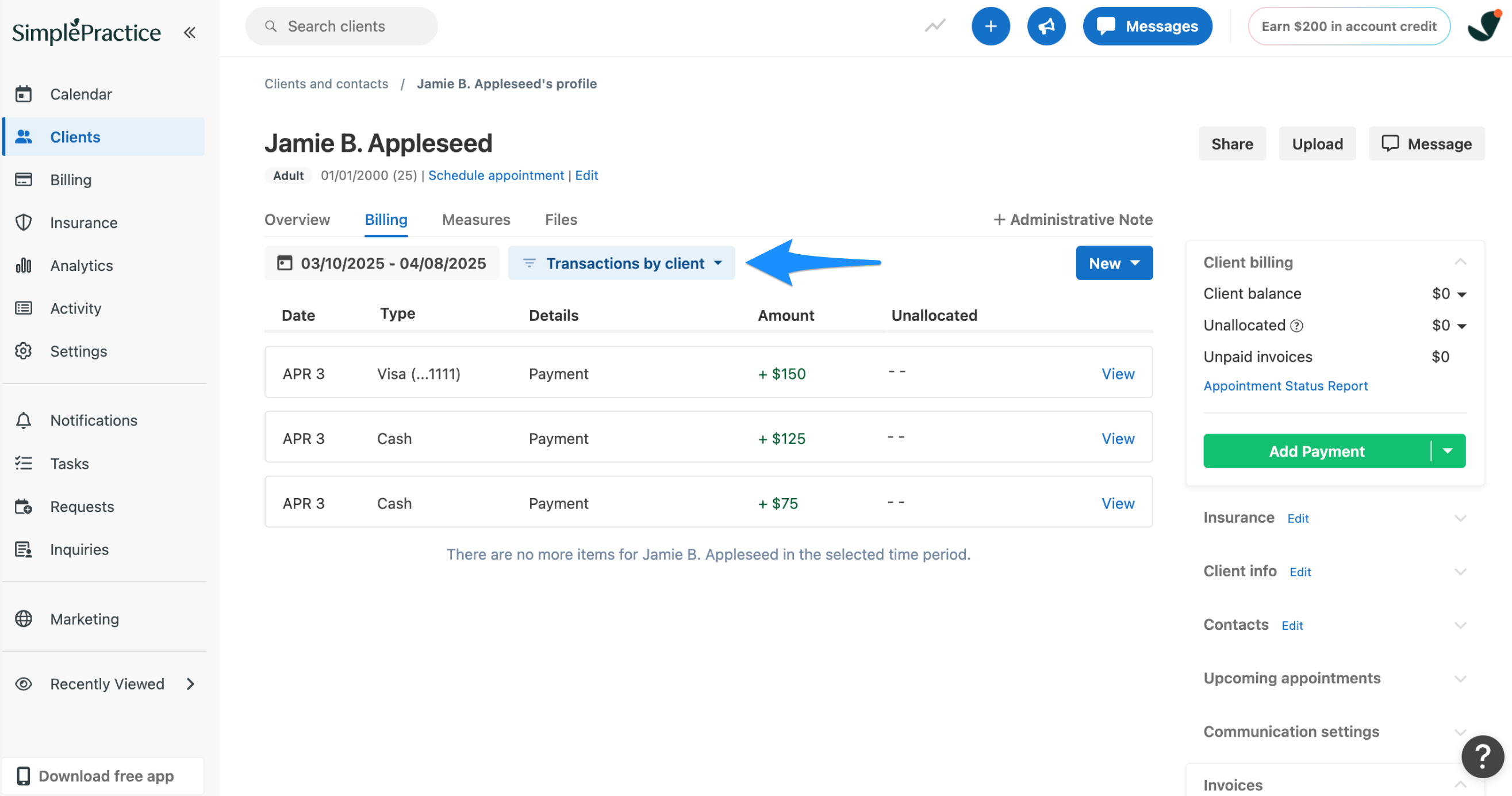 Transactions by client filter on the client Billing tab
