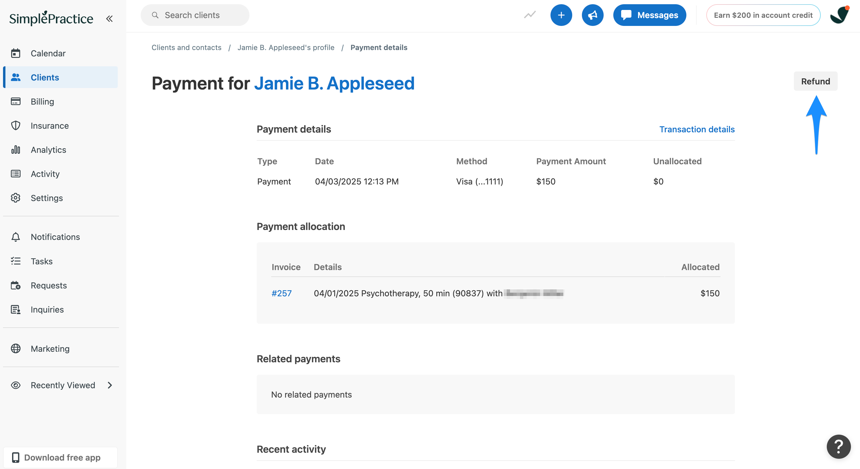 Refund button on the Payment details page