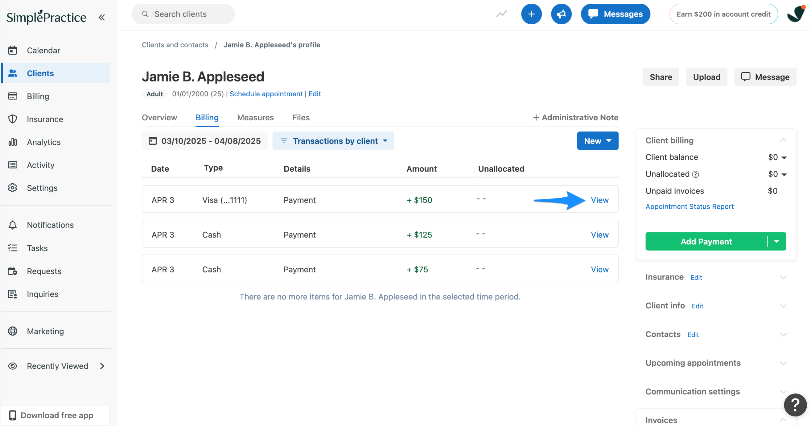 View link next to a client payment on the Billing tab