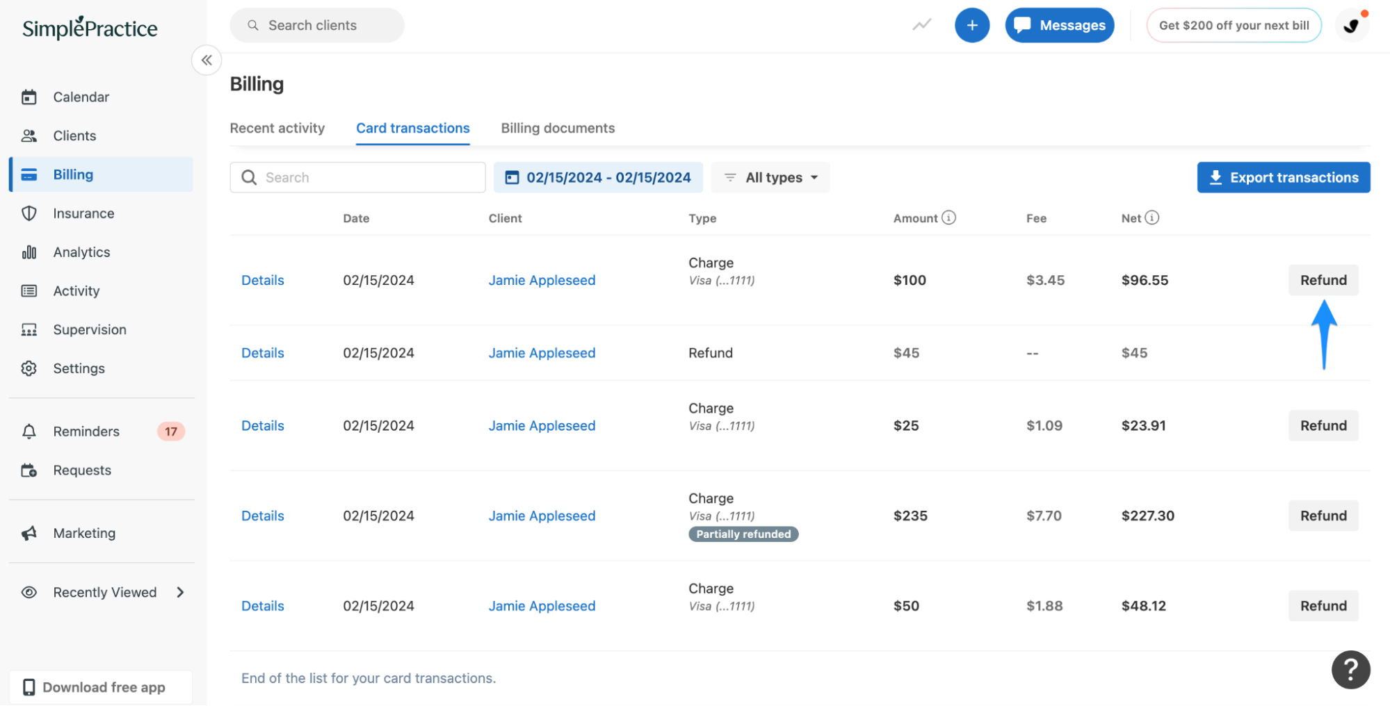 Refund option in card transactions